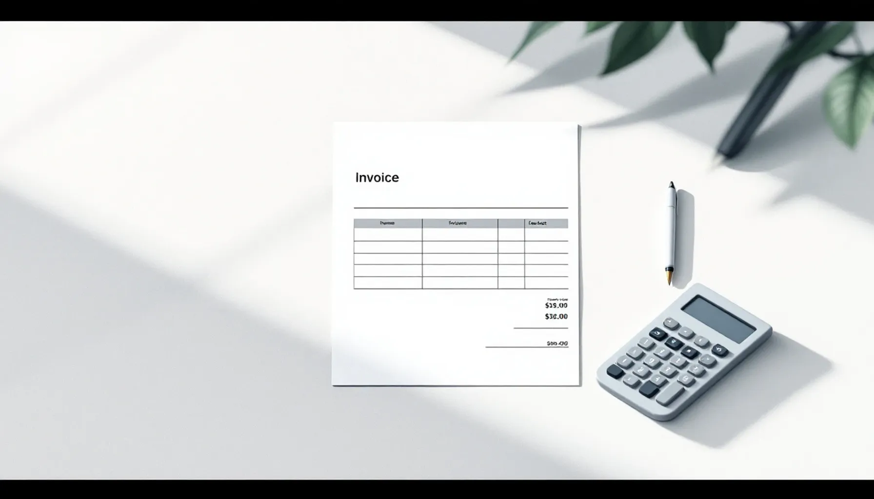 Clean desk workspace with blank invoice template document, pen, and calculator arranged on white paper, soft natural win