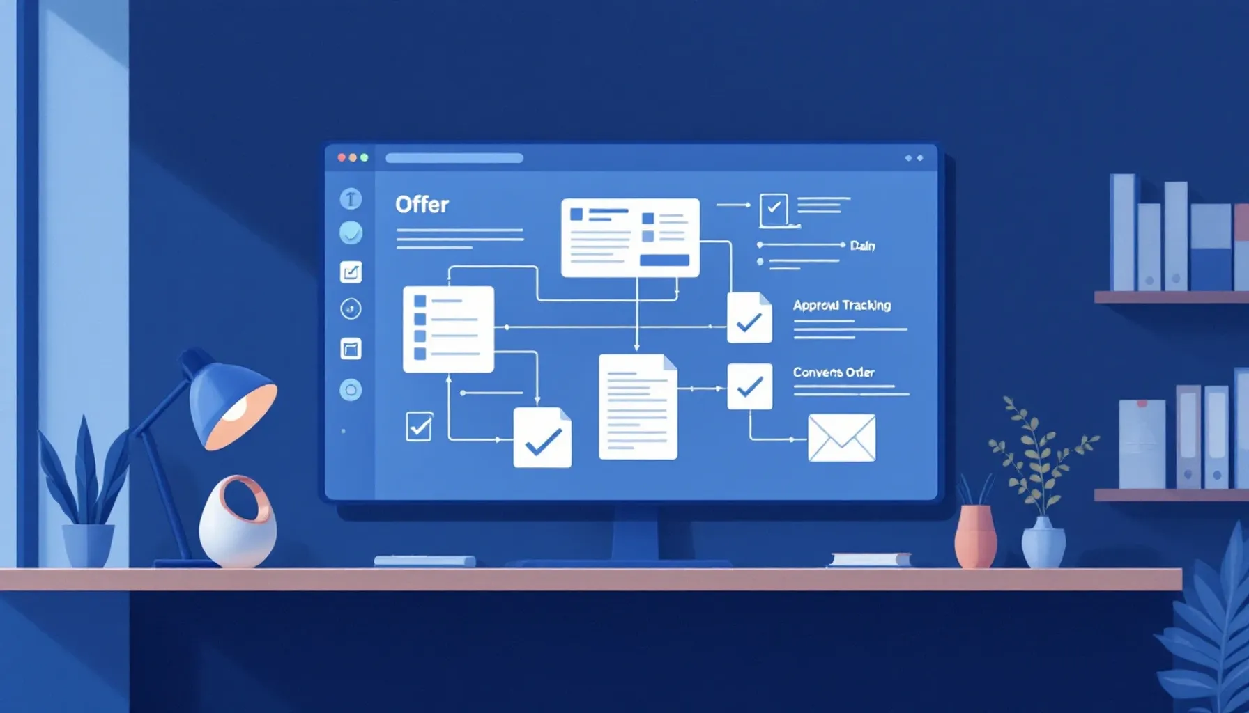 Clean minimal illustration of a digital workflow dashboard showing offer documents flowing through stages: creation, app