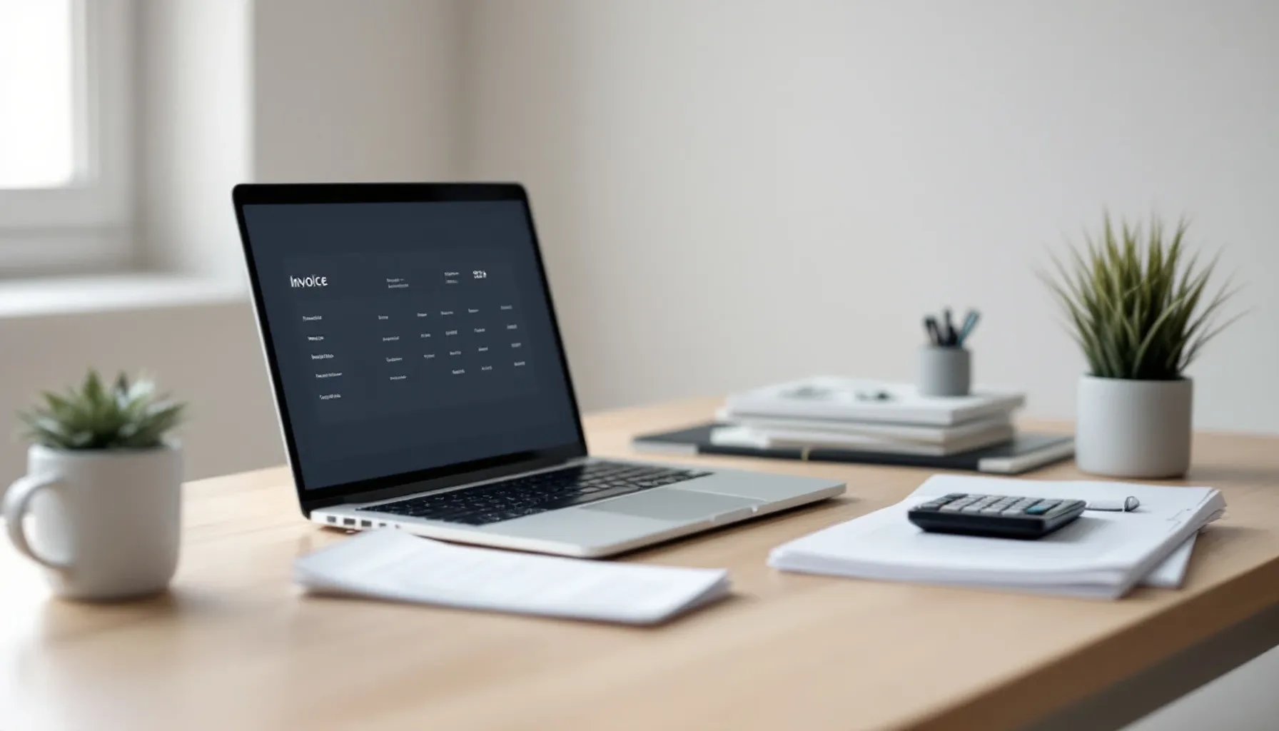 Minimalist workspace scene with a laptop displaying invoice data on screen, organized documents and calculator on a clea