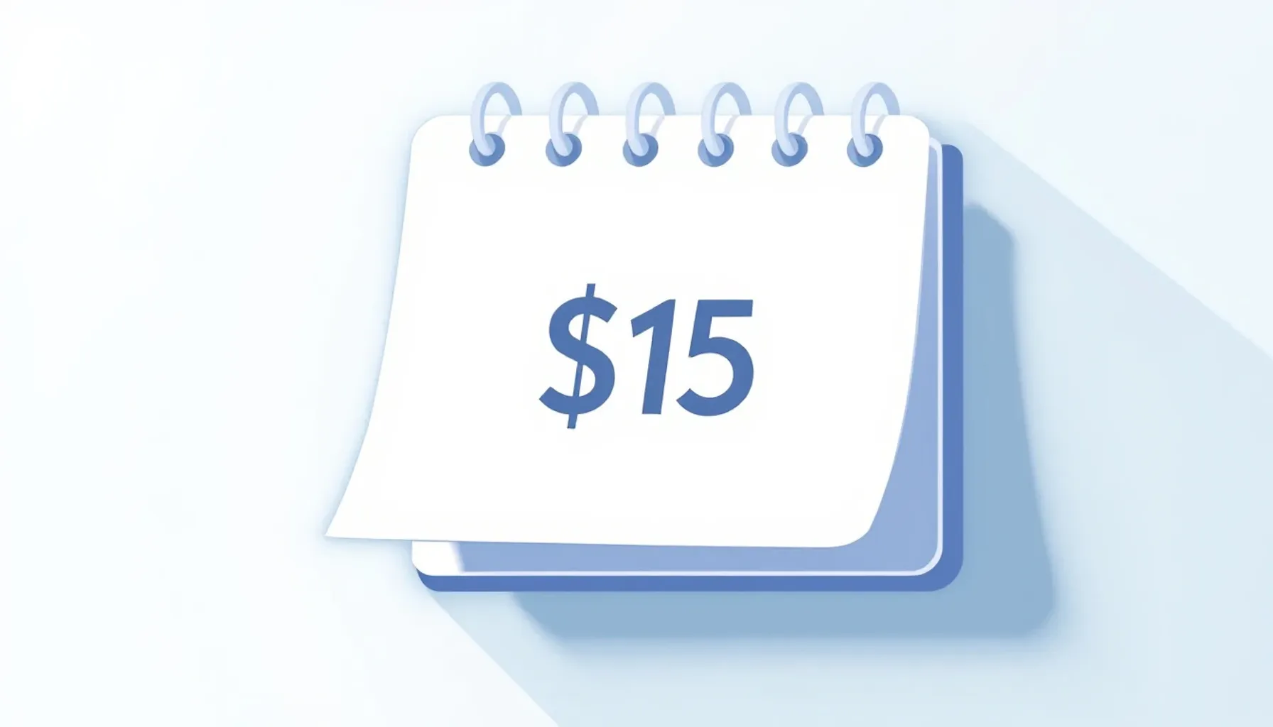 Minimalist flat illustration of a calendar page with a single price tag symbol, soft blue and white color palette, clean
