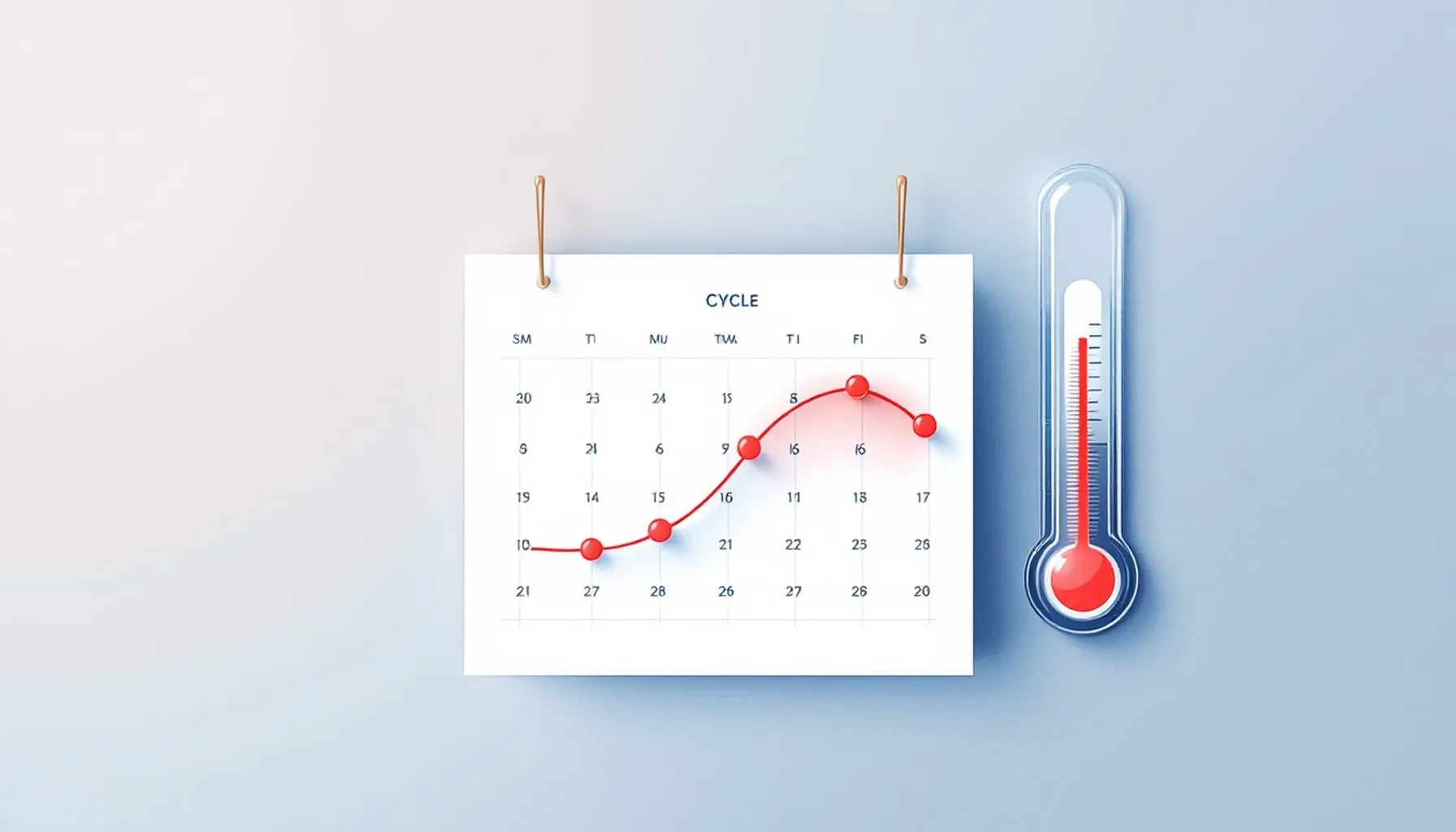 Minimalist flat illustration of a calendar grid with cycle days marked in soft teal and coral tones, a thermometer showi