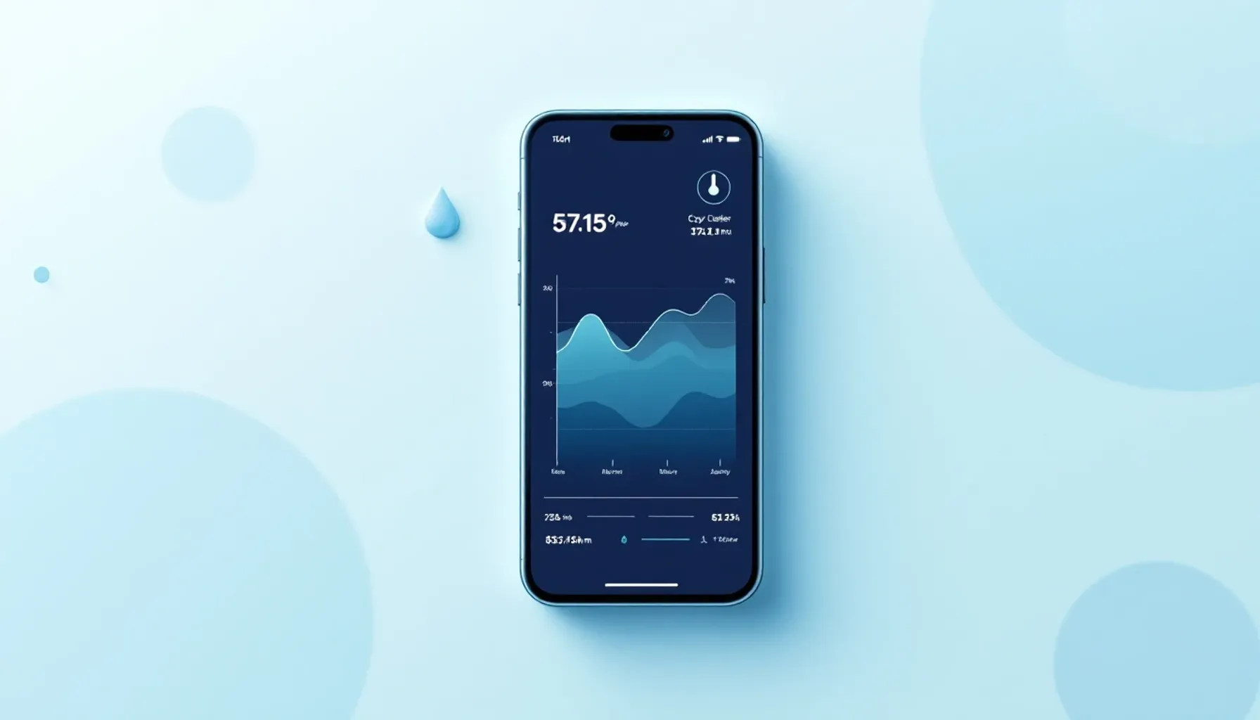 Minimalist flat illustration of a smartphone displaying a temperature curve chart with soft blue and teal tones, surroun
