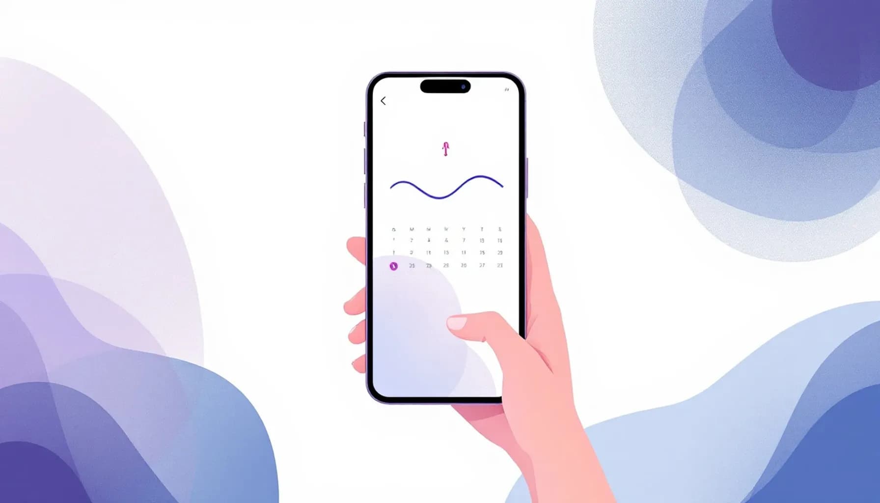 Minimalist flat illustration of a smartphone displaying a calendar interface with cycle tracking symbols (calendar grid,