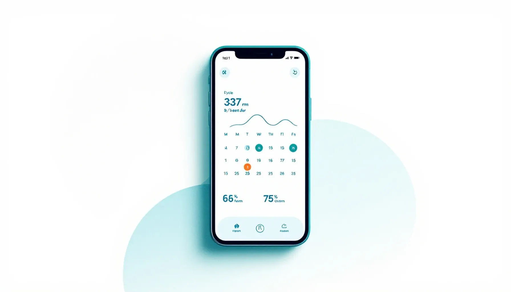 Minimalist flat illustration of a smartphone displaying a calendar interface with cycle tracking symbols—temperature cur