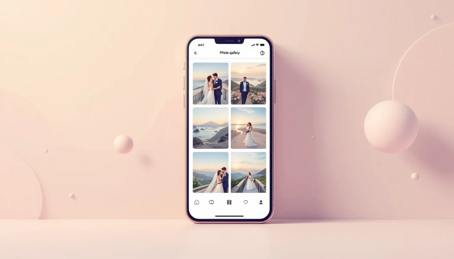 Minimalist flat illustration of a smartphone displaying a photo gallery interface with multiple wedding photos arranged