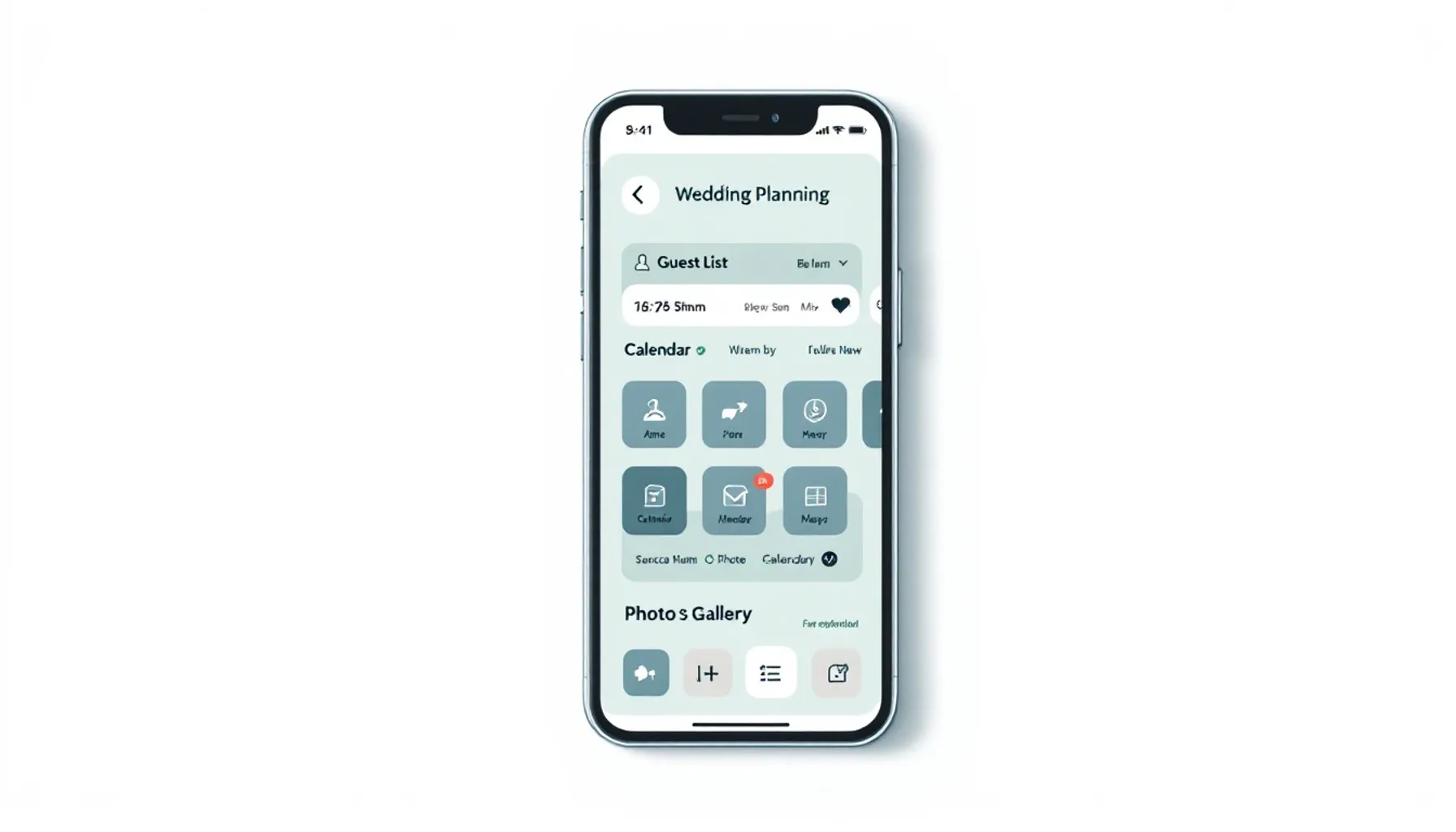 Minimalist flat illustration of a smartphone screen displaying a wedding planning interface with guest list, calendar, a