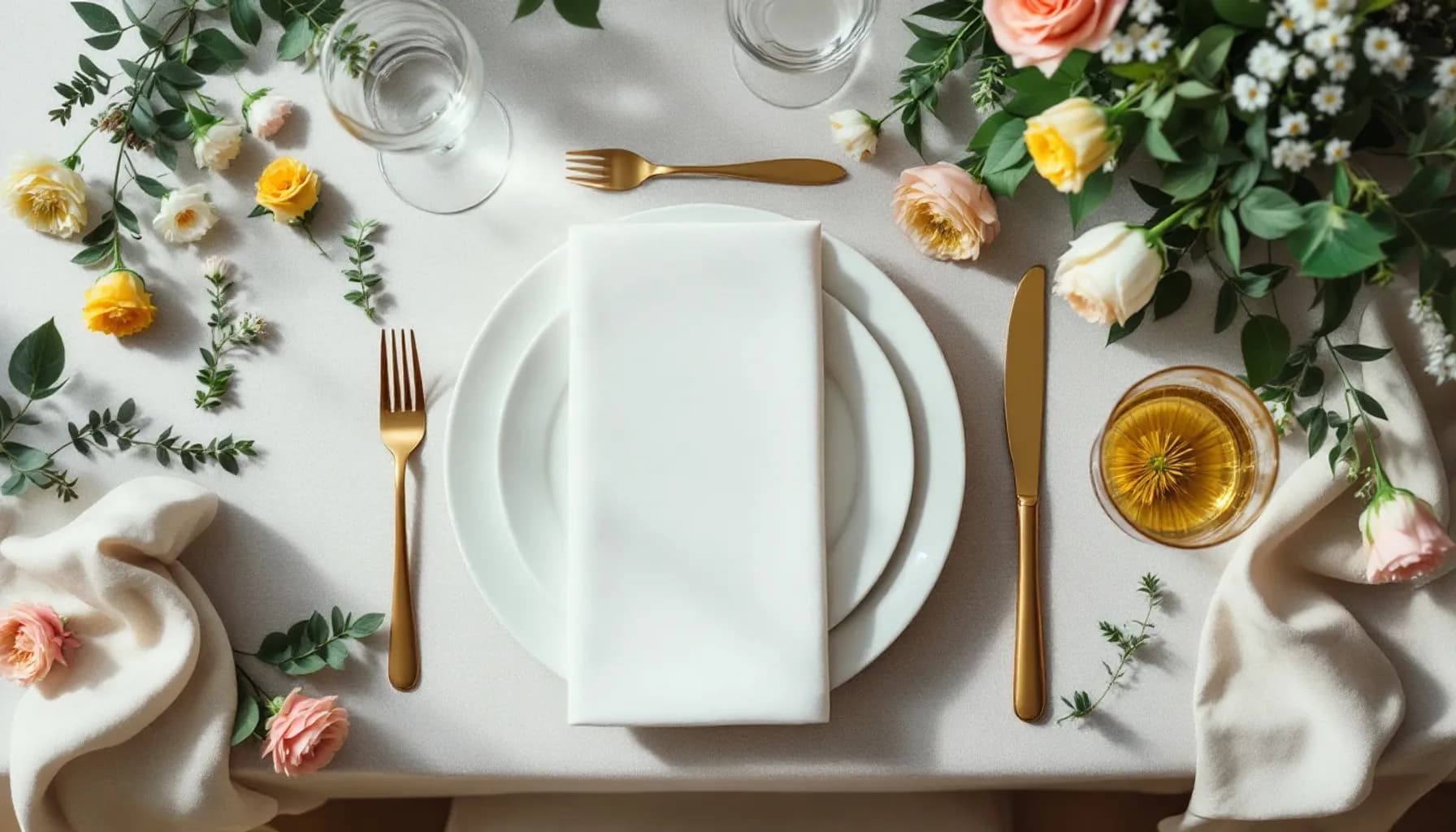 Overhead flat-lay composition of wedding catering elements: elegant place setting with white napkin, wine glass, cutlery