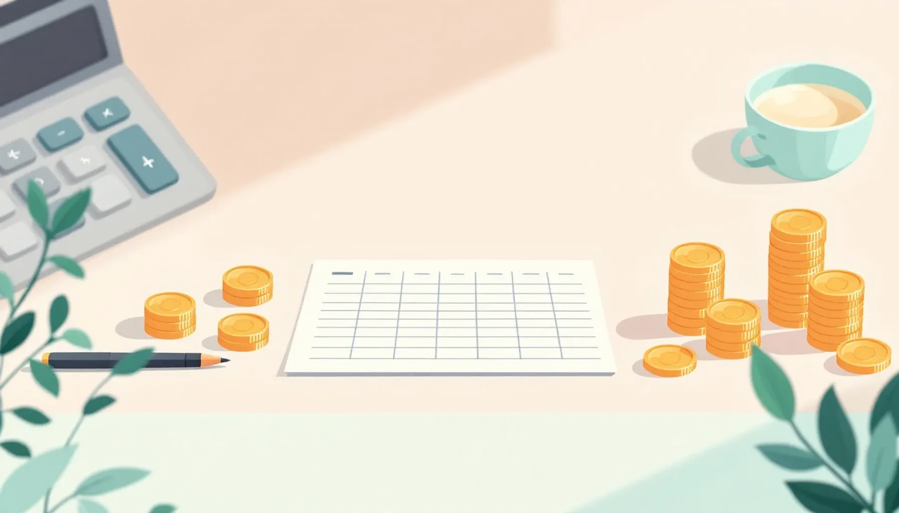 Minimalist flat illustration of a wedding budget breakdown: A clean desk scene with a calculator, spreadsheet, and stack