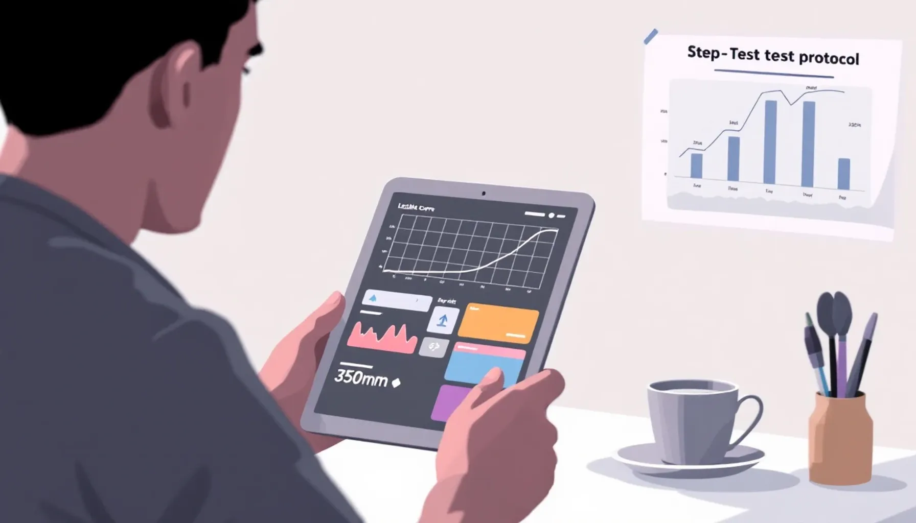 Clean minimal illustration of a coach reviewing a lactate curve graph on a tablet, with a step-test protocol chart visib