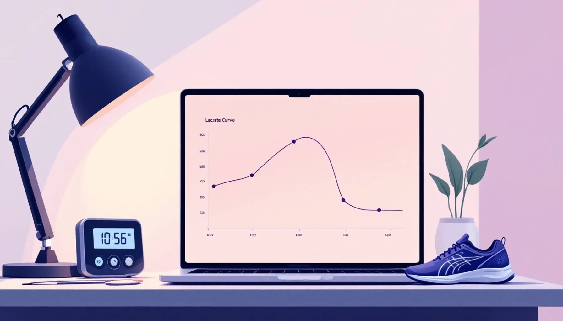 Minimalist flat illustration of a laptop screen displaying a lactate curve graph with data points and threshold markers,