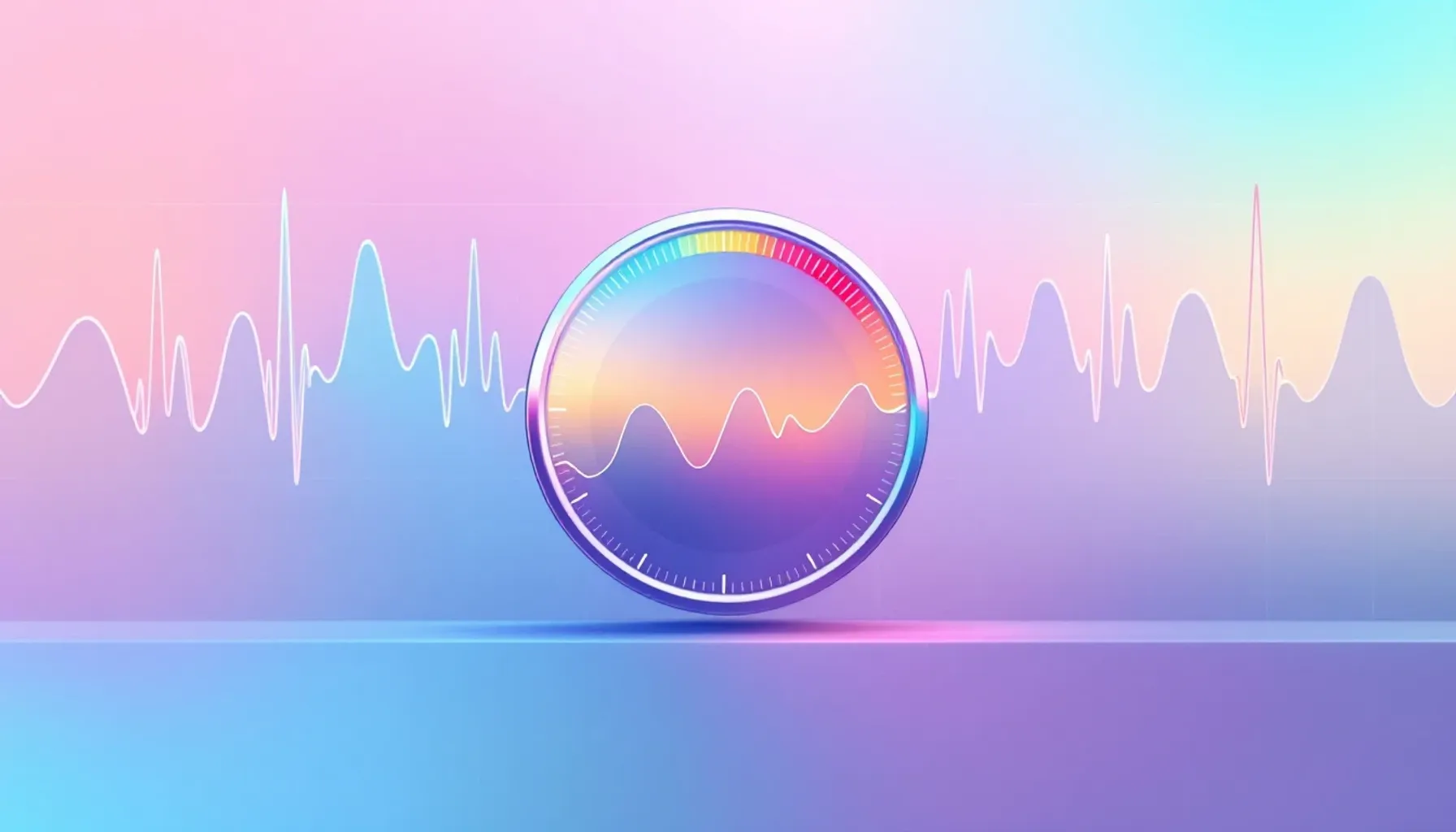 Clean, minimal flat illustration of a heart rate monitor display showing zone bands in soft gradient colors (blue, green