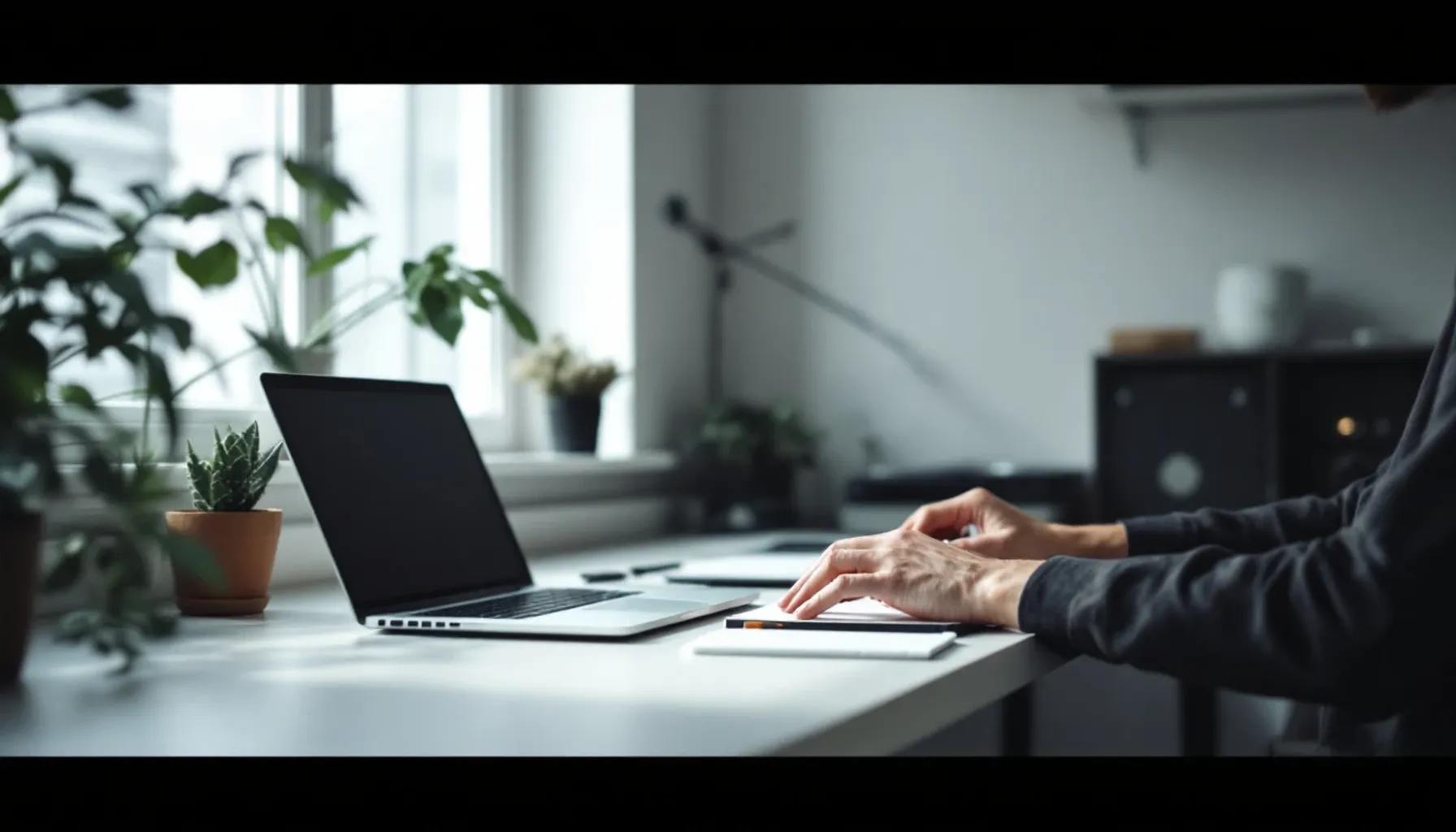 Minimalist workspace scene showing a developer at a desk with a laptop and notebook, clean desk setup with soft natural