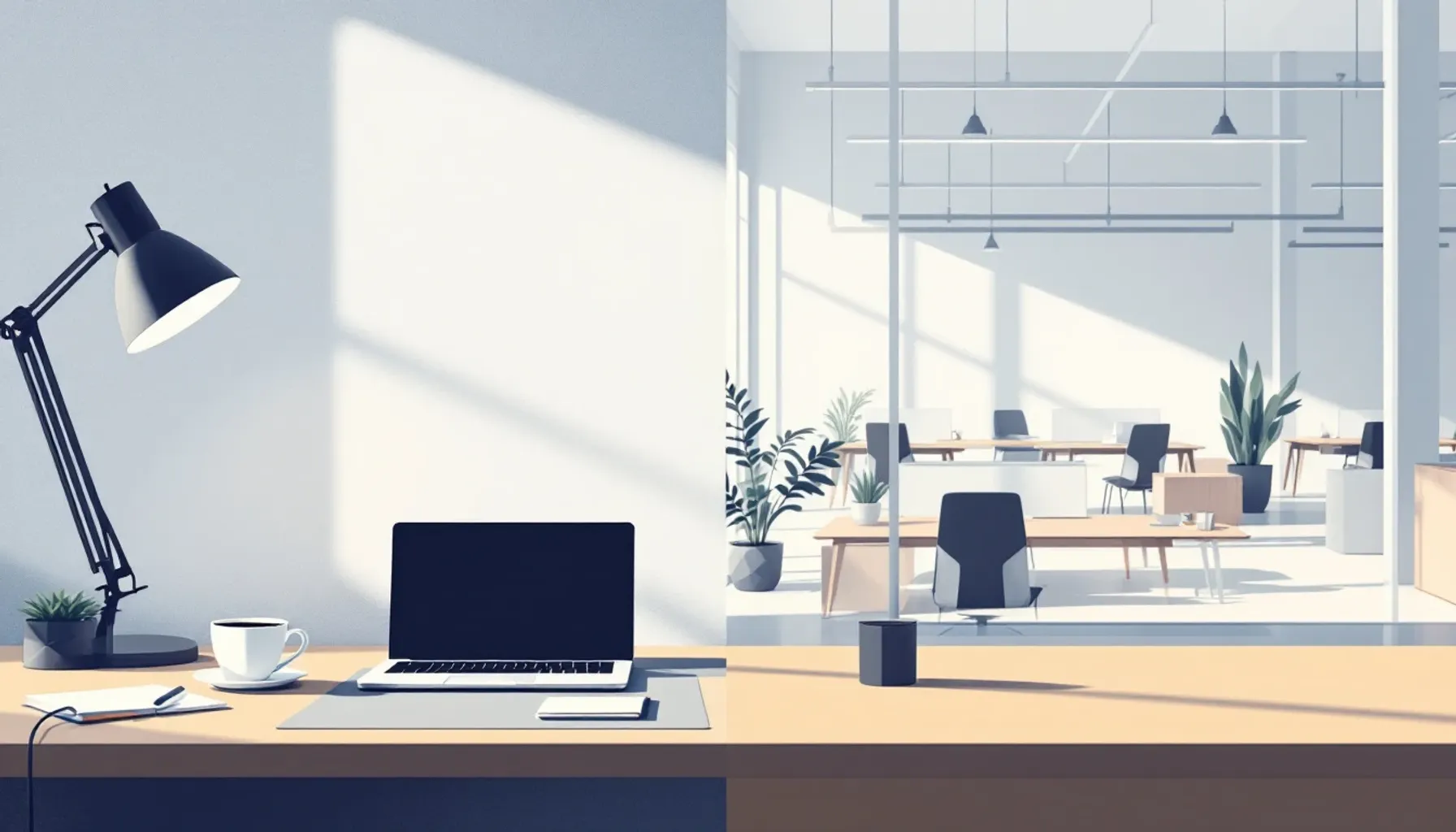 Minimalist split-screen composition: left side shows a single desk with laptop and coffee cup in soft natural light, rig
