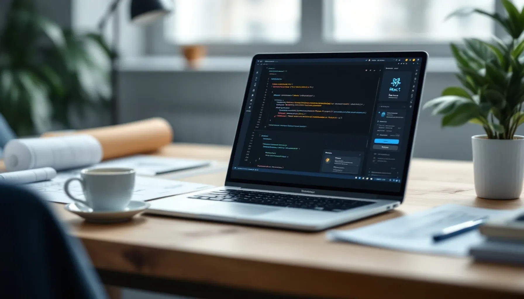 Clean minimalist workspace scene: a laptop displaying React code with modern UI components, surrounded by architectural