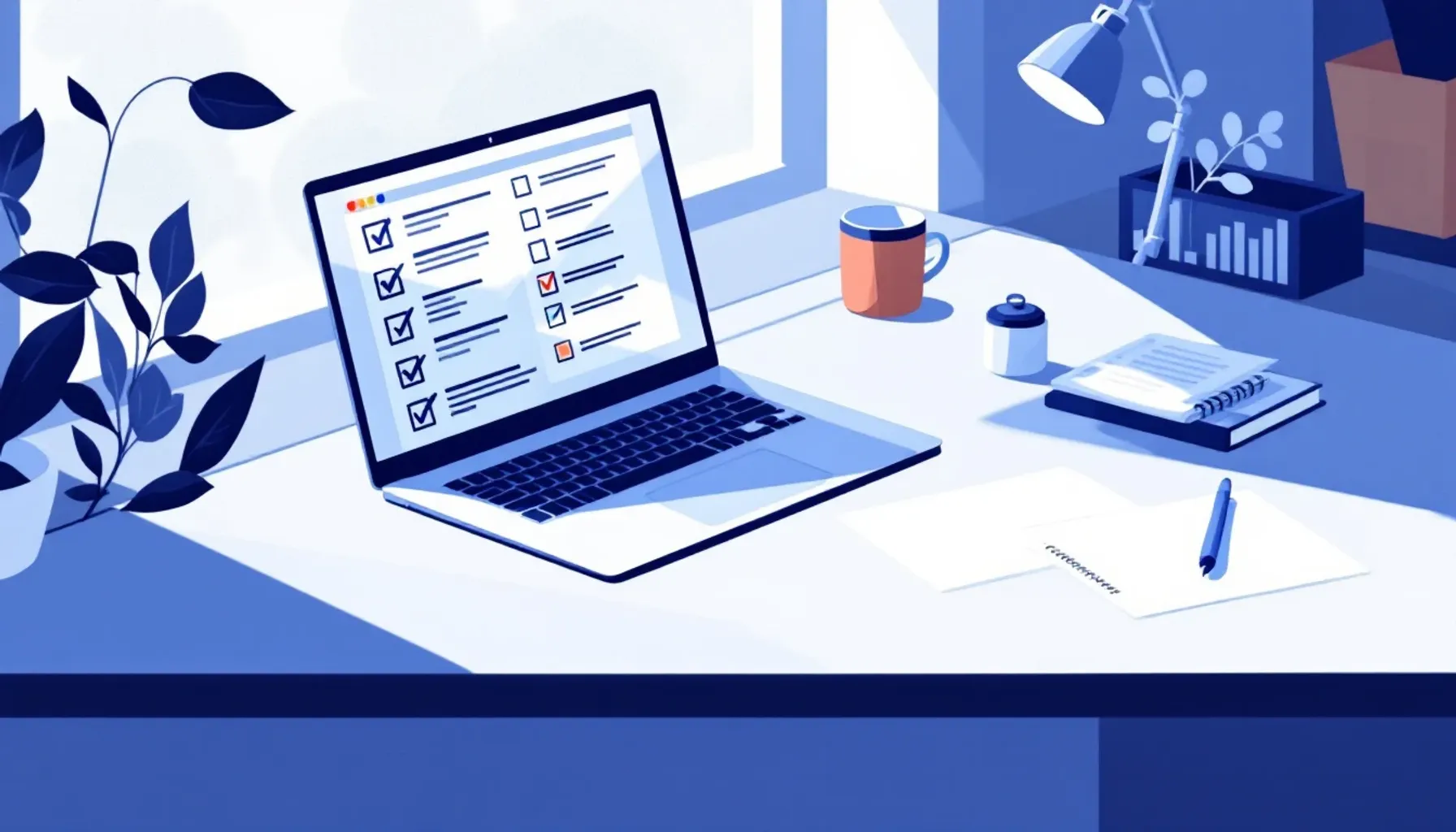 Clean desk workspace with a laptop displaying a structured checklist document, notepad with comparison notes, and pen. S