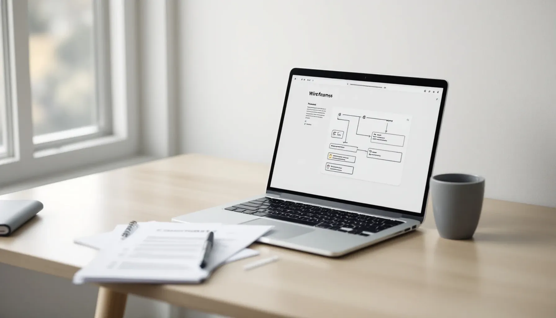 Minimalist workspace scene: a desk with an open laptop showing a wireframe or flowchart on screen, a notebook with check