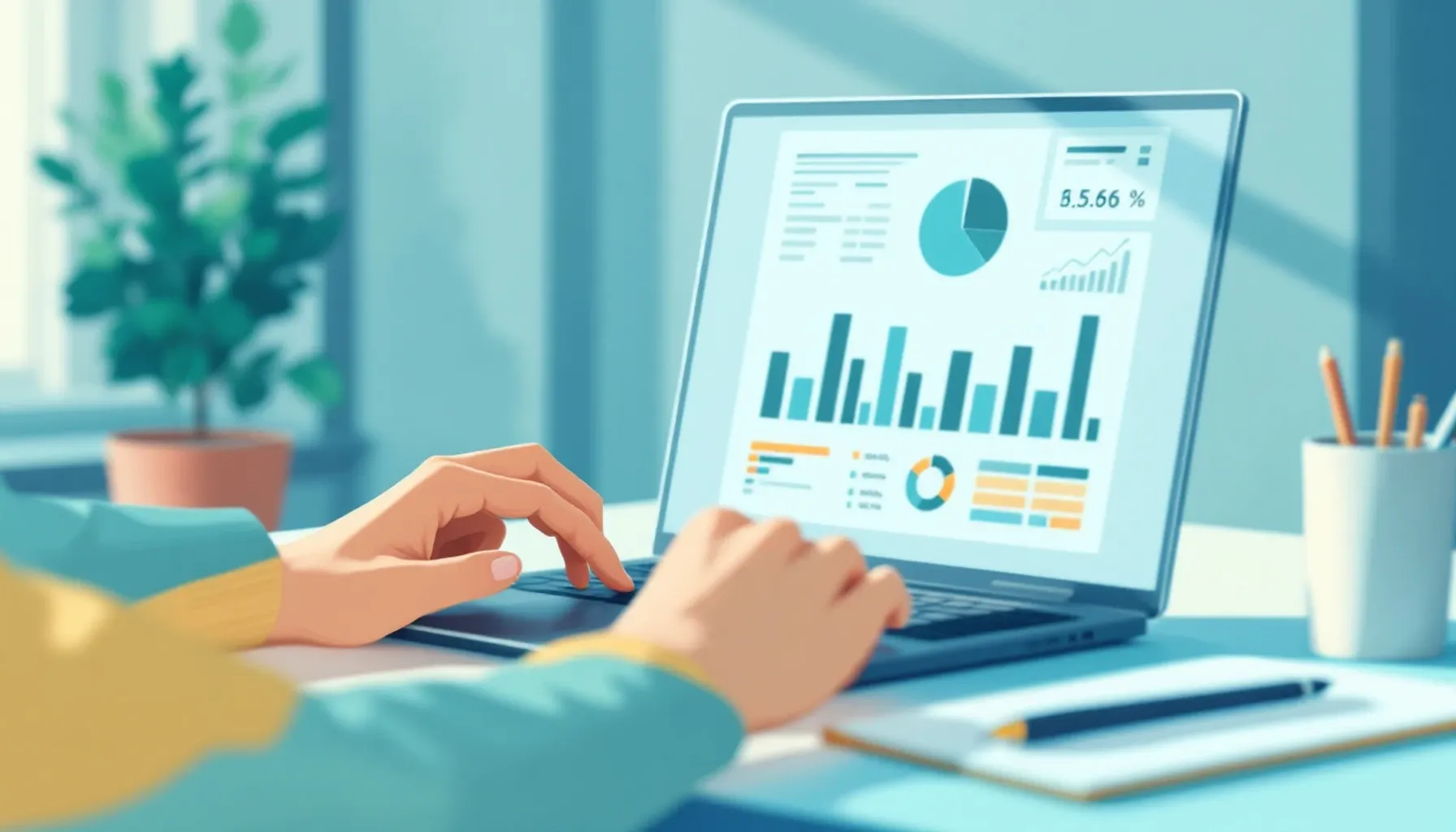 Minimalist flat illustration of a person reviewing financial data on a laptop screen, with a spreadsheet, calculator, an