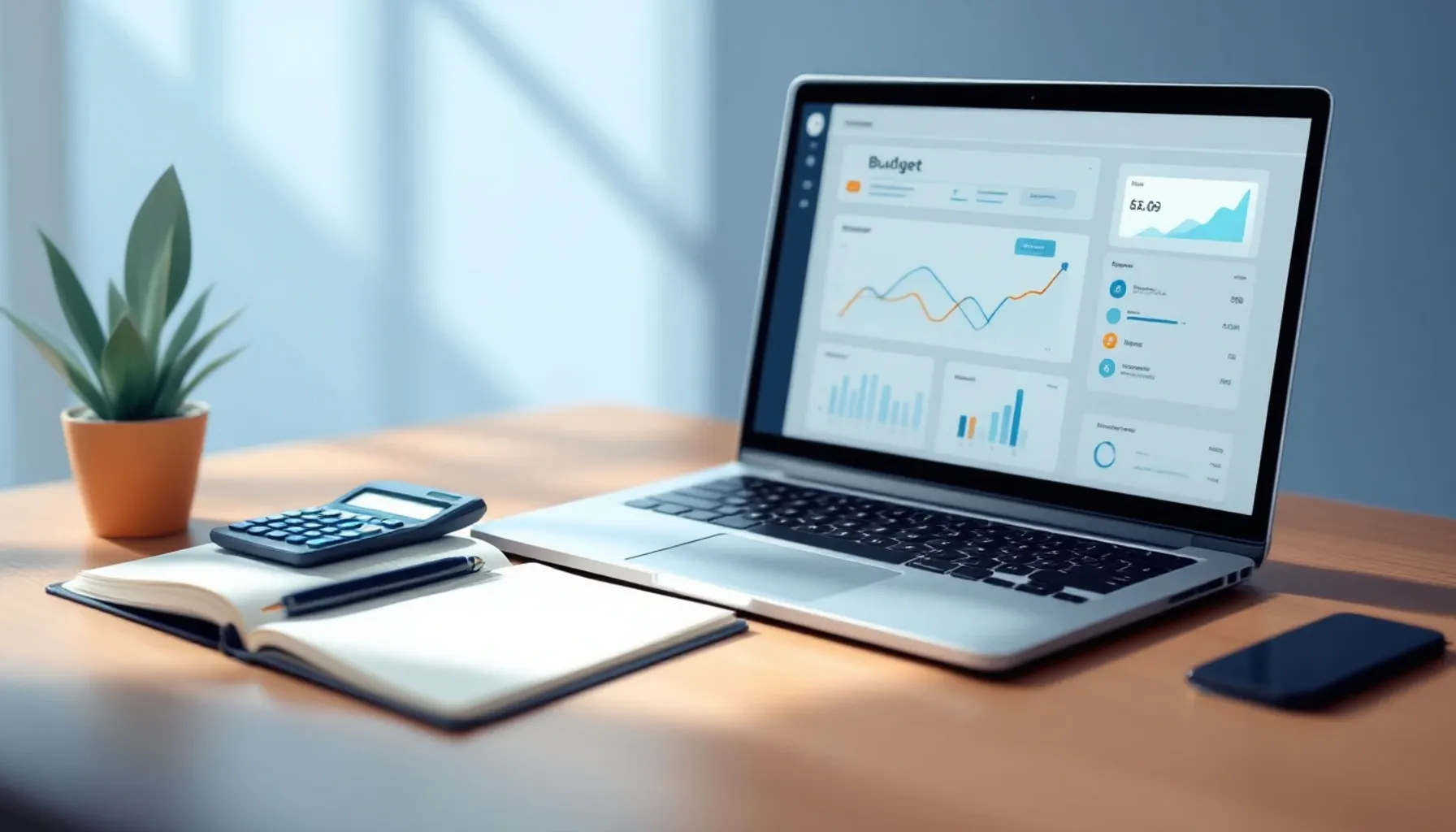 Minimalist desk setup with a laptop displaying a financial dashboard interface, calculator, and notebook with budget not