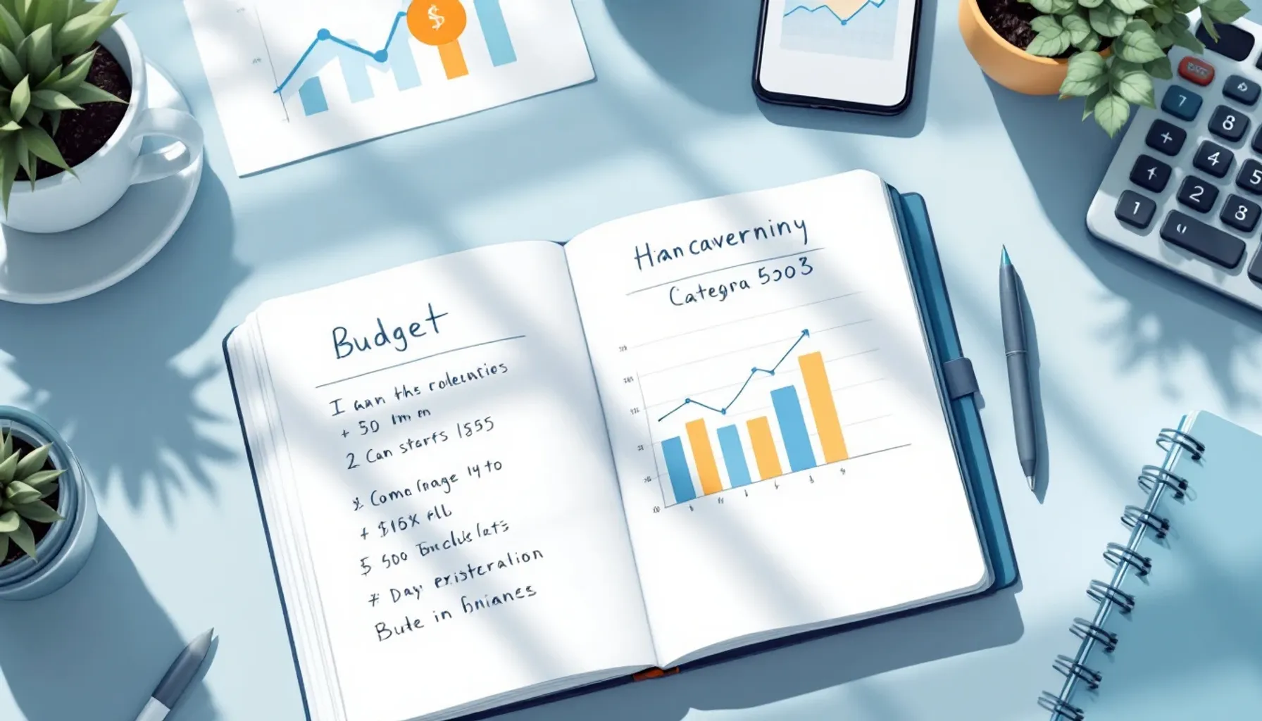 Flat illustration of a clean desk with an open notebook showing handwritten budget categories, a smartphone displaying f