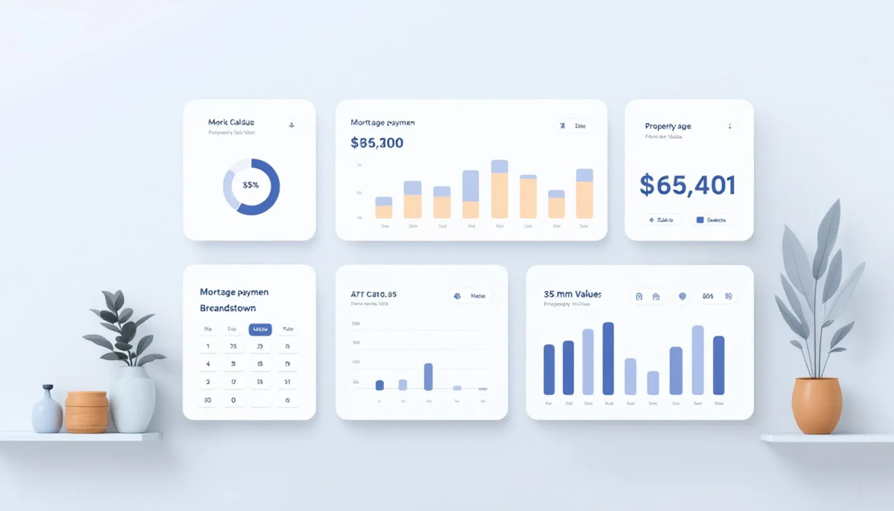 Clean minimal illustration of a financial dashboard with calculator elements, mortgage payment breakdown chart, and prop