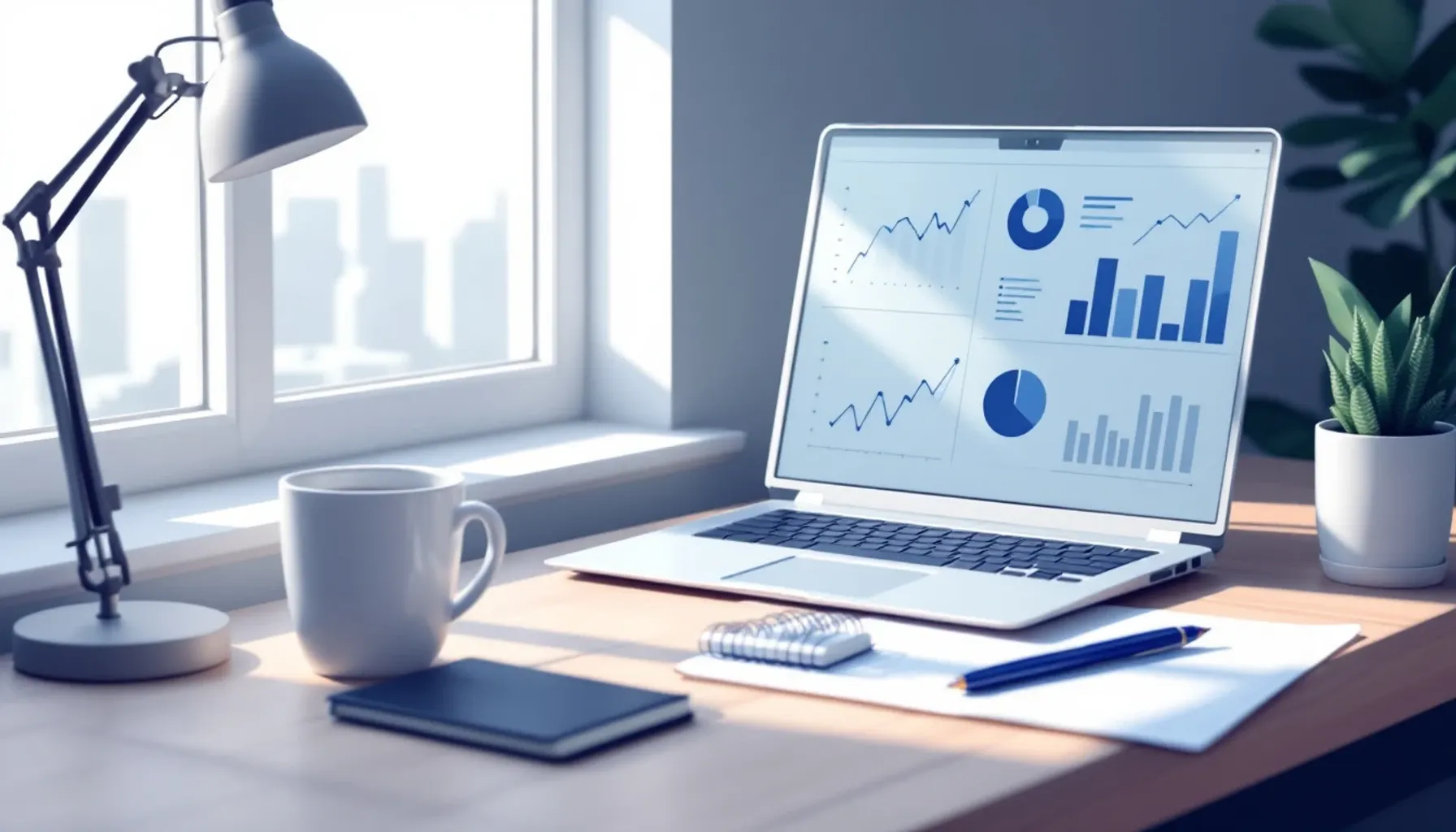 Minimalist workspace scene: laptop screen showing financial dashboard with charts and portfolio data, notebook with pen,