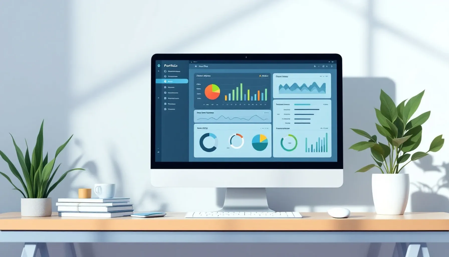 Minimalist flat illustration of a desktop monitor displaying a portfolio dashboard with overlapping financial charts and