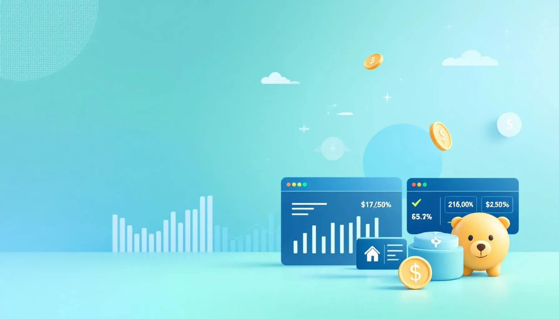 Clean, minimalist illustration of a financial dashboard with multiple asset class icons (stocks, bonds, real estate, sav