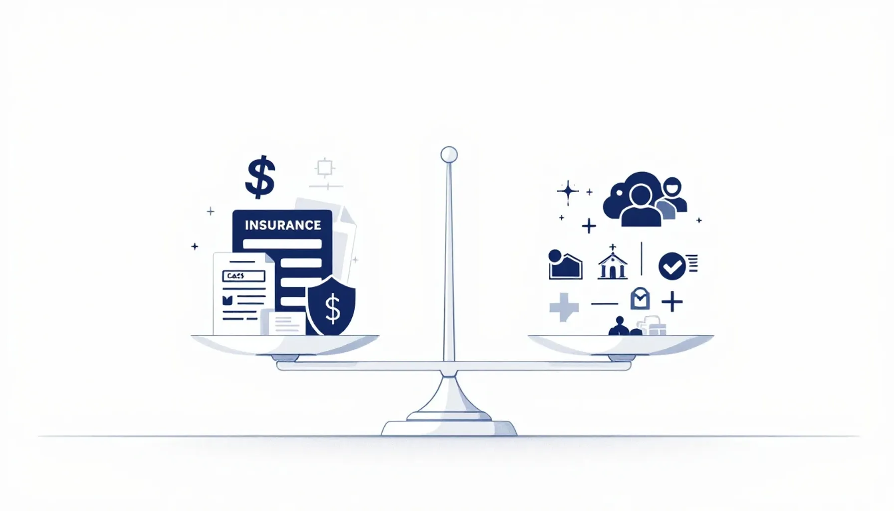 Minimalist flat illustration of a comparison scale with insurance documents and cost symbols on one side, coverage shiel