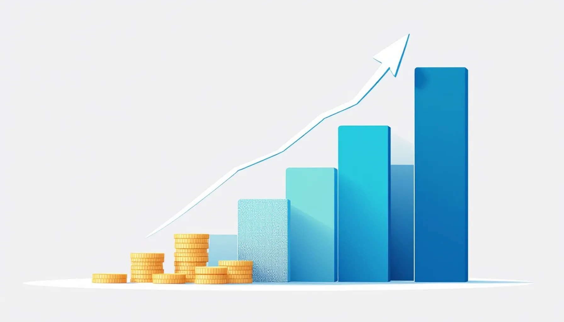 Clean minimalist illustration of a savings growth chart with stacked coins and upward arrow, soft blue and green tones,
