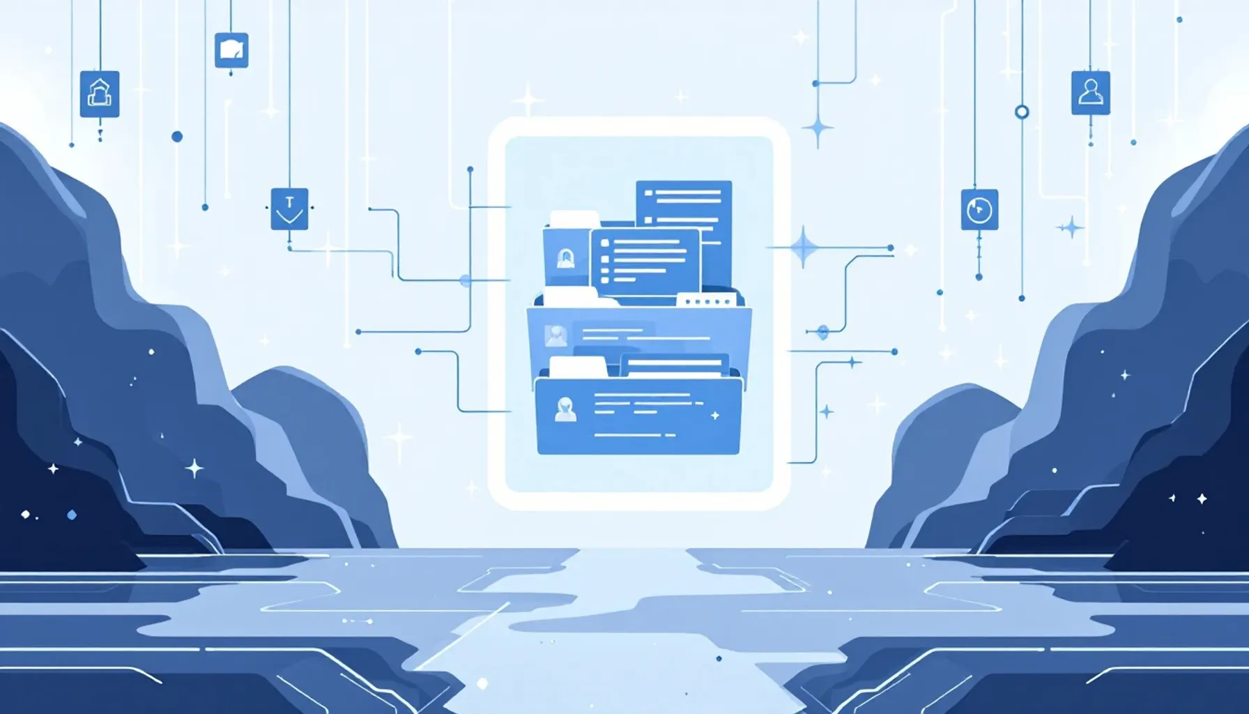 Clean minimal illustration of a secure digital workspace: a single glowing portal or gateway interface with organized fi