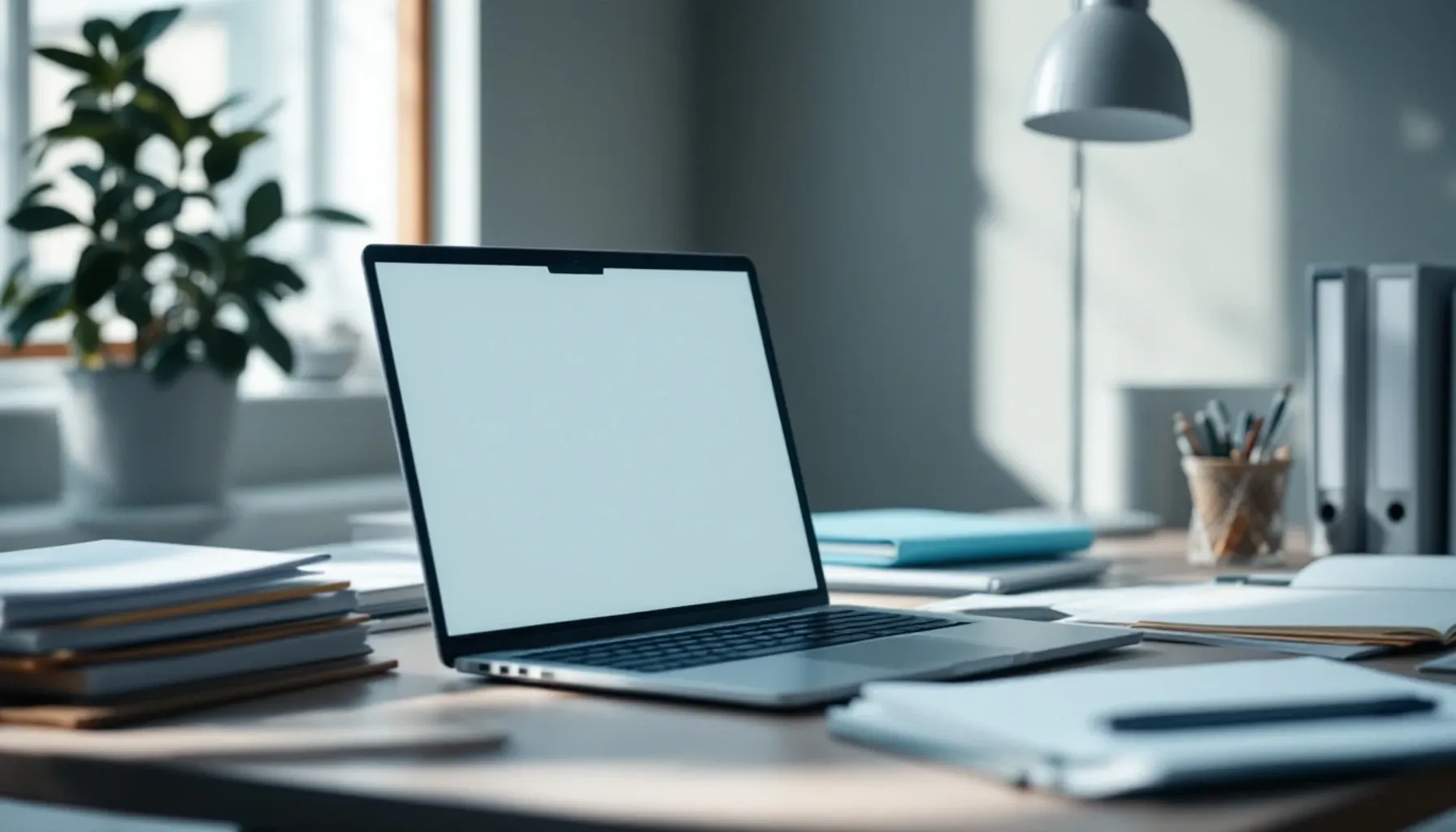 Minimalist workspace scene showing a laptop displaying a clean form interface, surrounded by organized file folders and