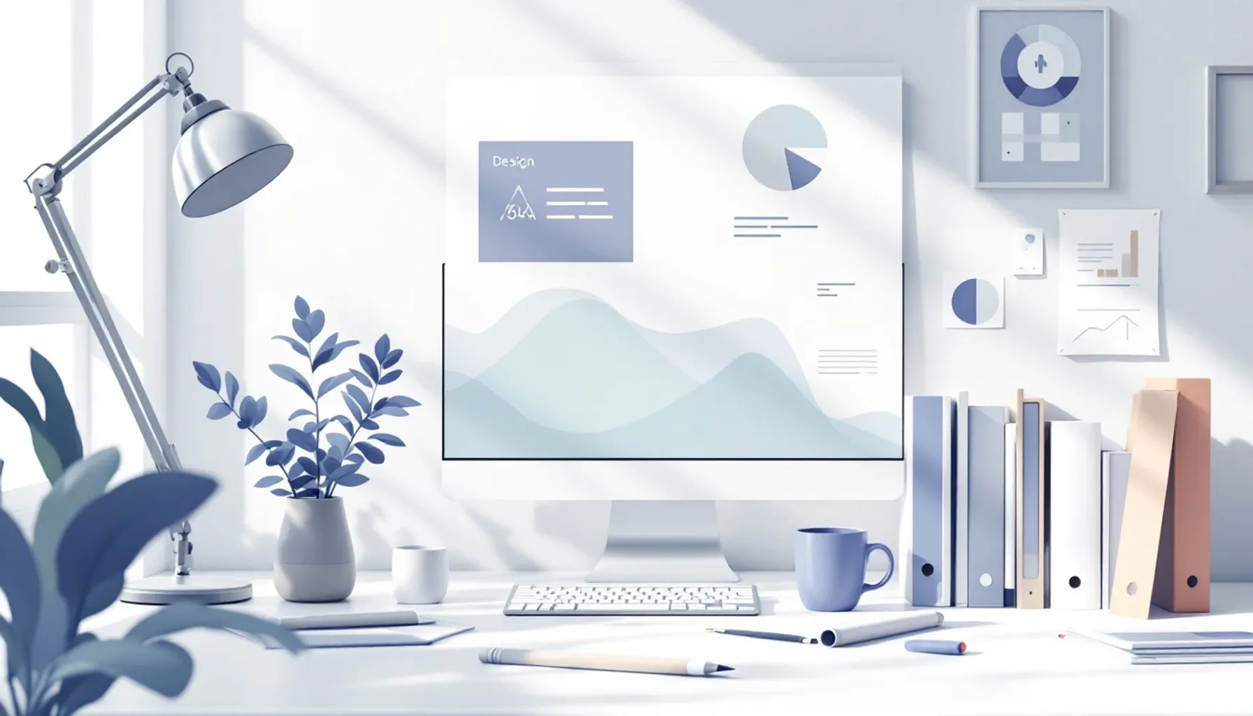 Clean workspace scene with organized design files, folders, and project briefs laid out on a light background. Soft natu
