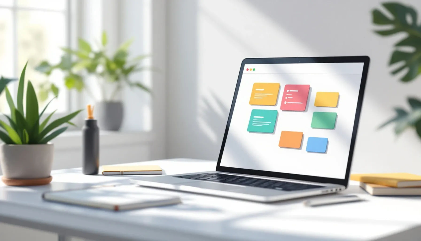 Clean minimalist workspace scene: a desk with a laptop displaying a kanban board interface with colorful task cards, not