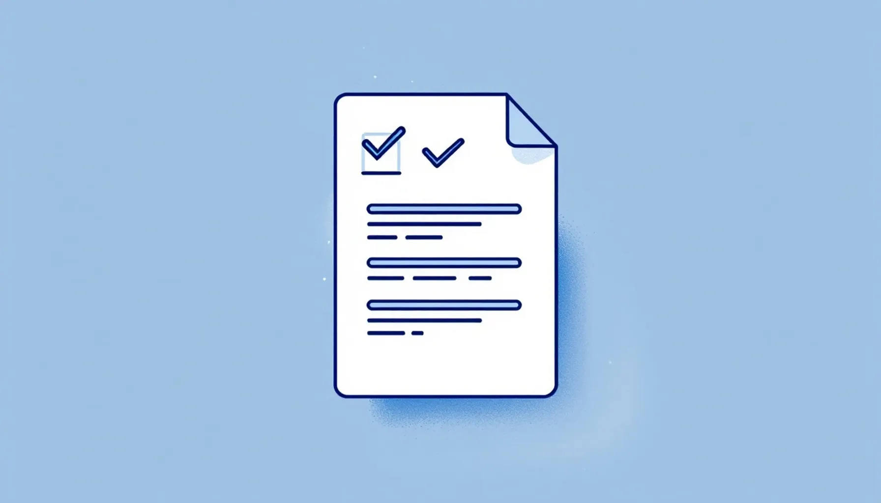 Minimalist flat illustration of a document with a checkmark and shield icon, soft blue and gray color palette, centered