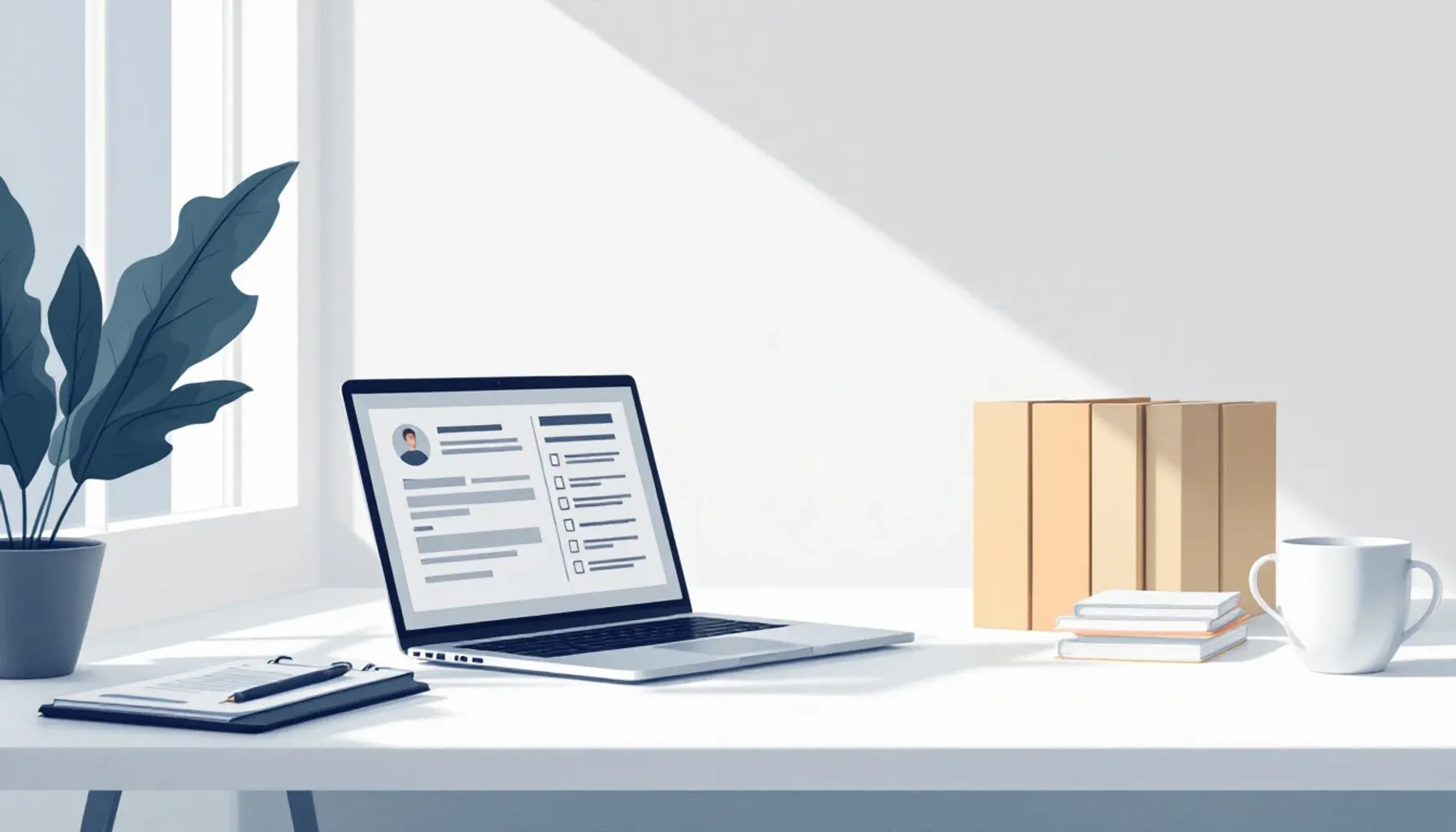 Minimalist desk setup with a laptop displaying a form interface, organized file folders, and a clipboard with checklist,