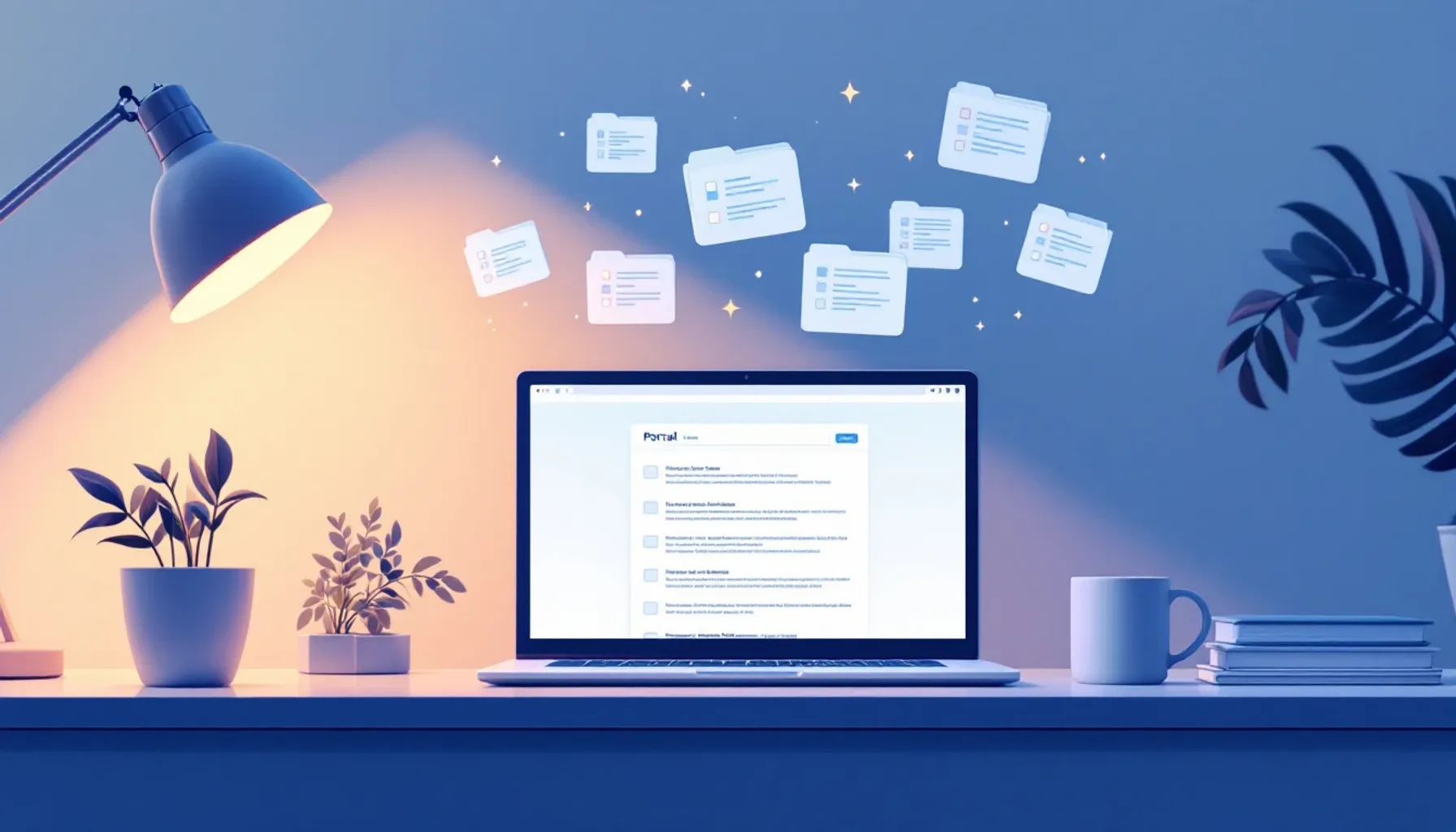 Clean minimal workspace scene showing a laptop with an open portal interface on screen, organized file folders floating