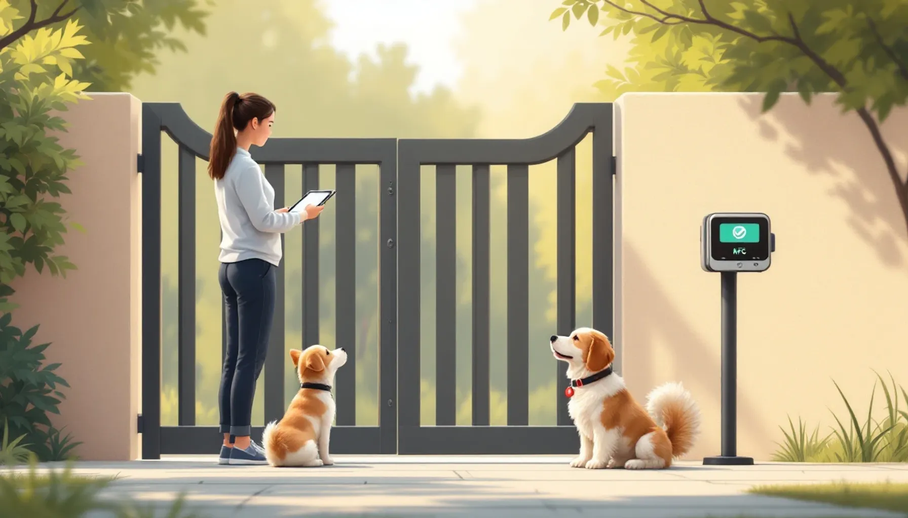 Clean minimalist illustration of a dog trainer at a gate entrance, holding a tablet device with a green checkmark appear