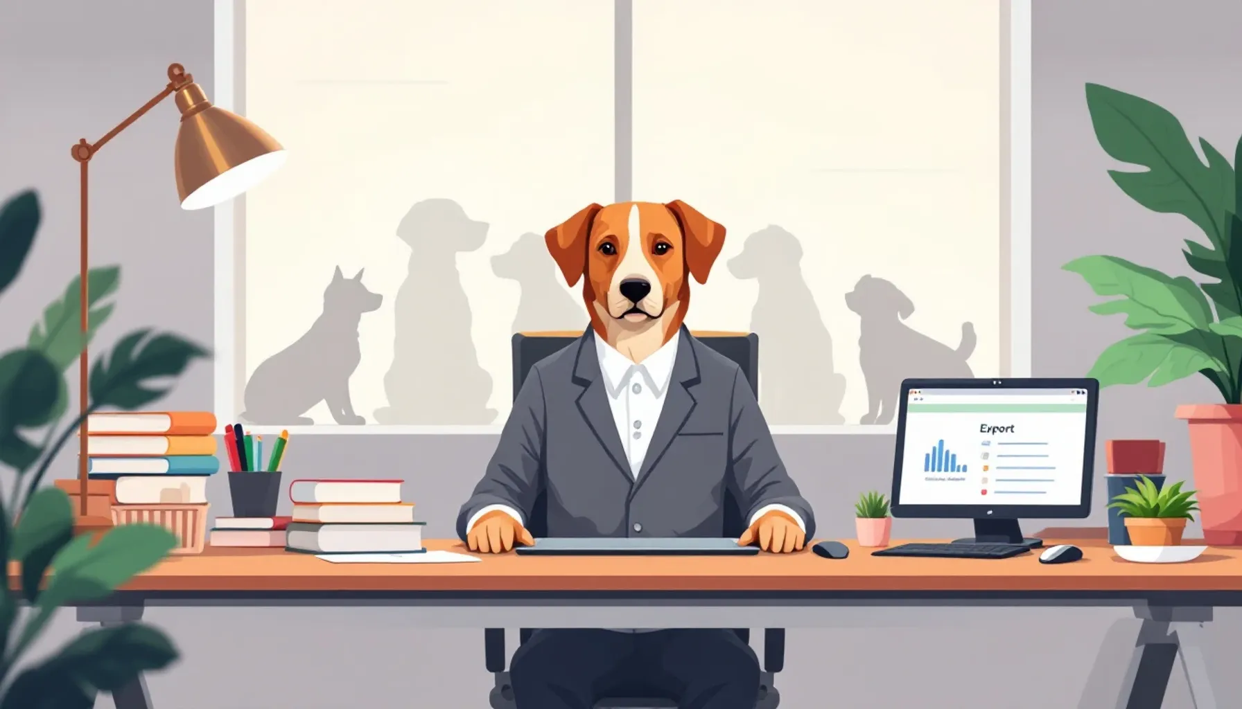 Minimalist flat illustration of a dog trainer's desk with organized filing system, digital tablet showing data export in