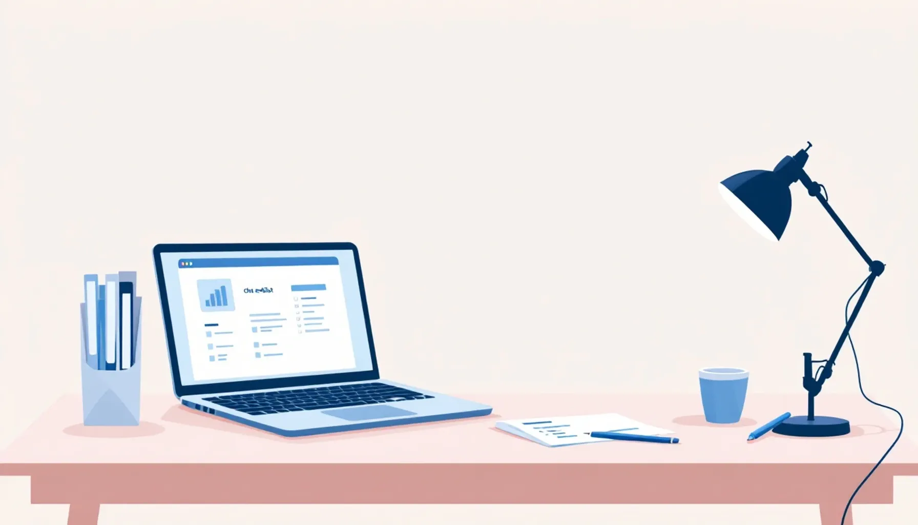 Minimalist flat illustration of a dog trainer's desk with organized file folders, a laptop screen showing a data export