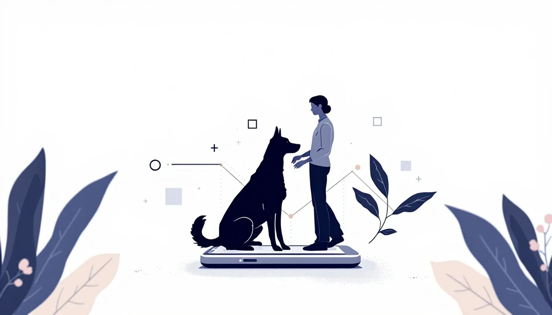 Minimalist flat illustration of a dog and trainer silhouette on a smartphone screen, soft pastel background with subtle