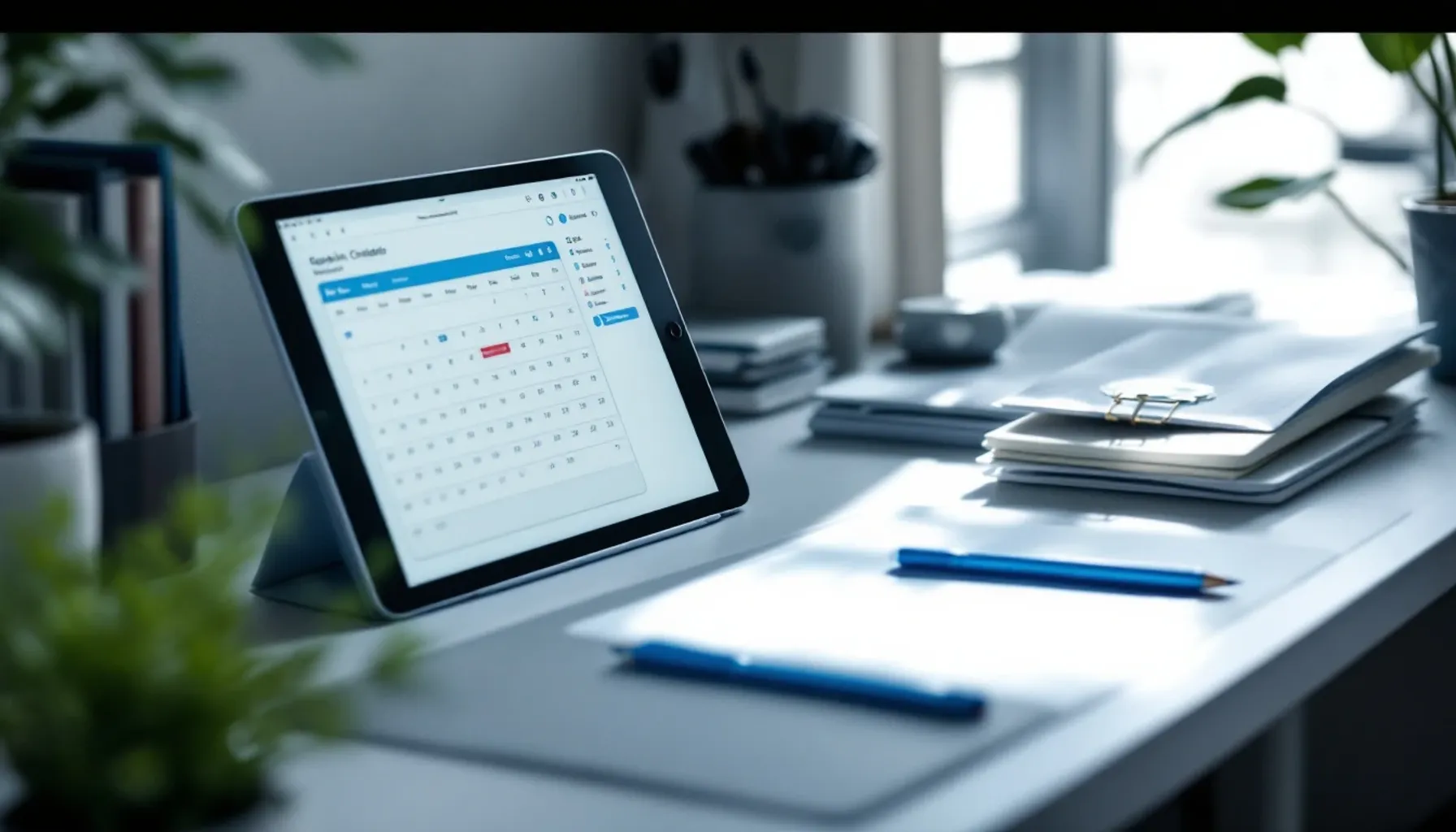 Clean desk workspace with a tablet displaying a calendar interface, organized file folders, and a digital checklist on s