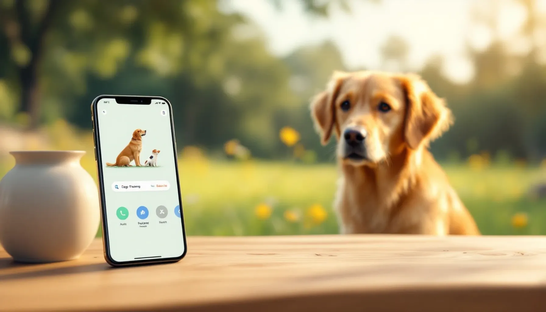 Smartphone on a wooden table in natural daylight, displaying a dog training app interface with a golden retriever in the