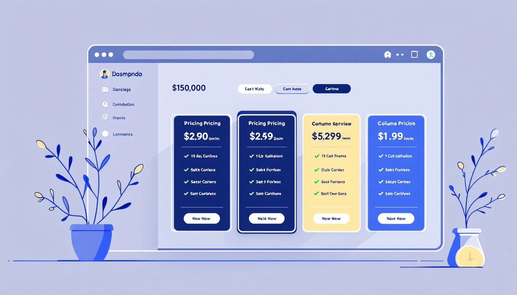 Minimalist flat illustration of a digital interface dashboard showing a pricing comparison table with three columns, sof