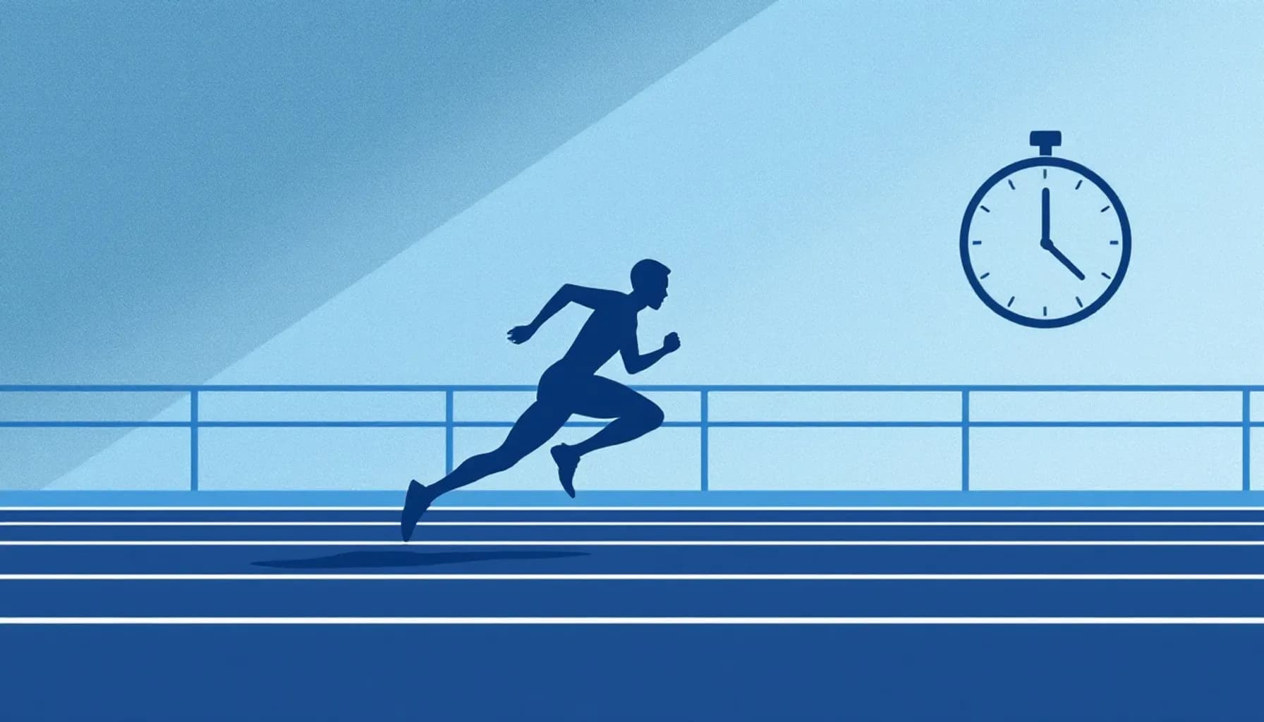 Minimalist flat illustration of a runner in motion on a track, viewed from the side at 35mm equivalent, with a subtle st