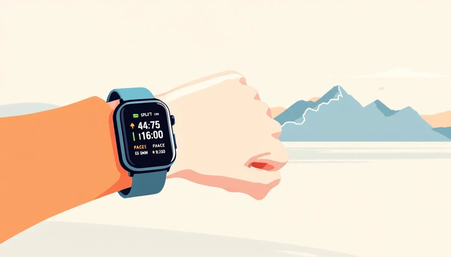 Minimalist flat illustration of a runner's wristband displaying split times and pace checkpoints, set against a soft gra