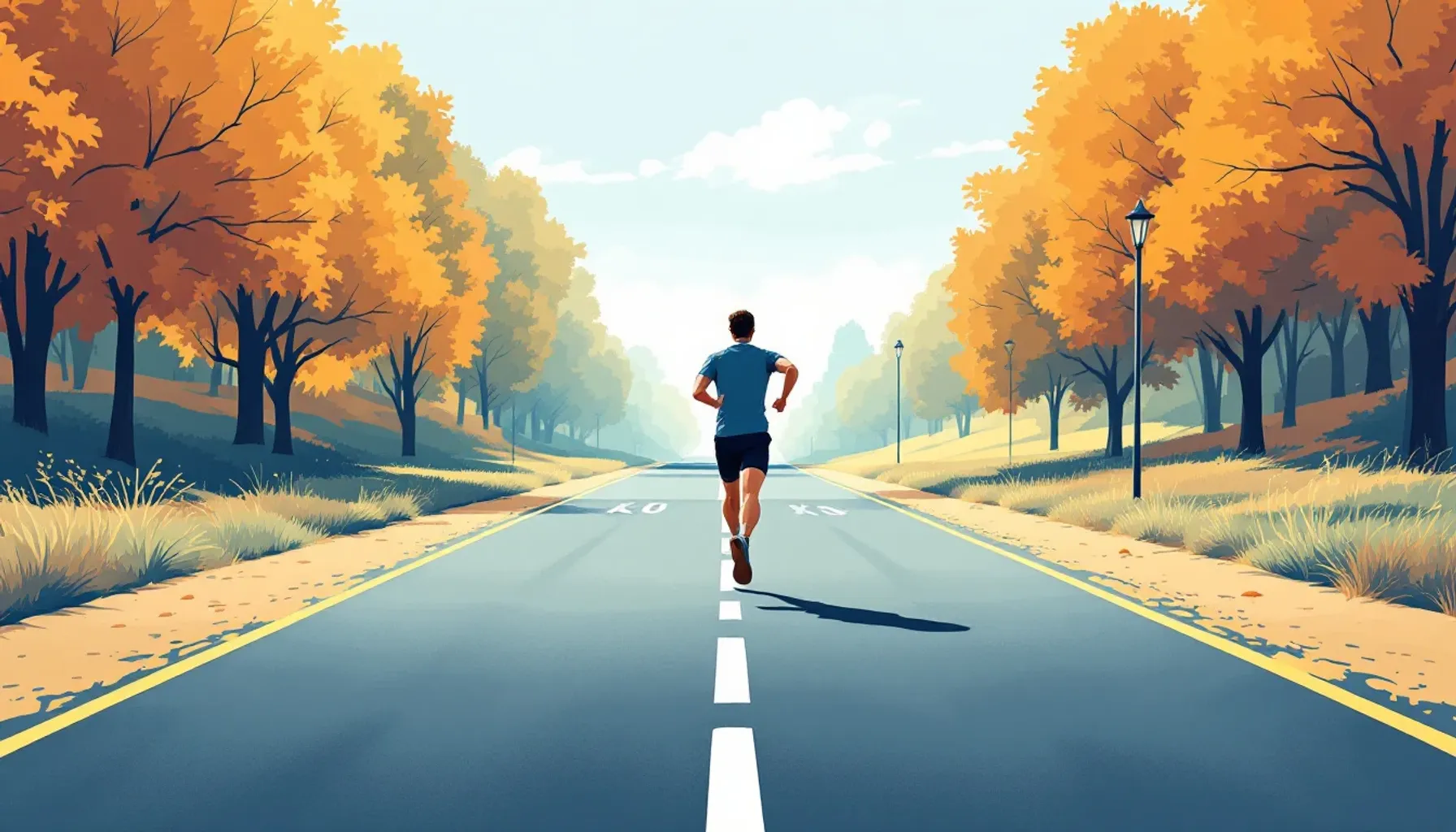 Clean, minimalist illustration of a marathon runner mid-stride on a flat road, with subtle kilometer markers visible in