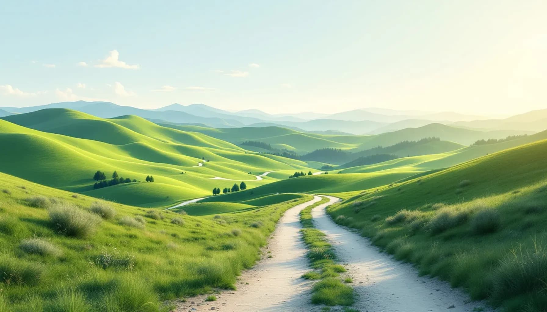 Wide landscape view of a rolling trail course with gentle elevation changes, morning light casting long shadows across g