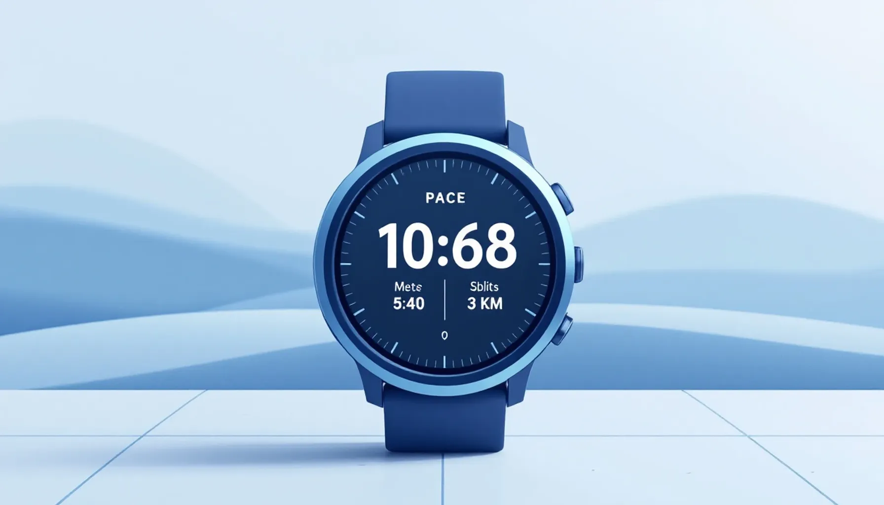 Minimalist flat illustration of a runner's watch display showing pace metrics and kilometer splits, with soft gradient b