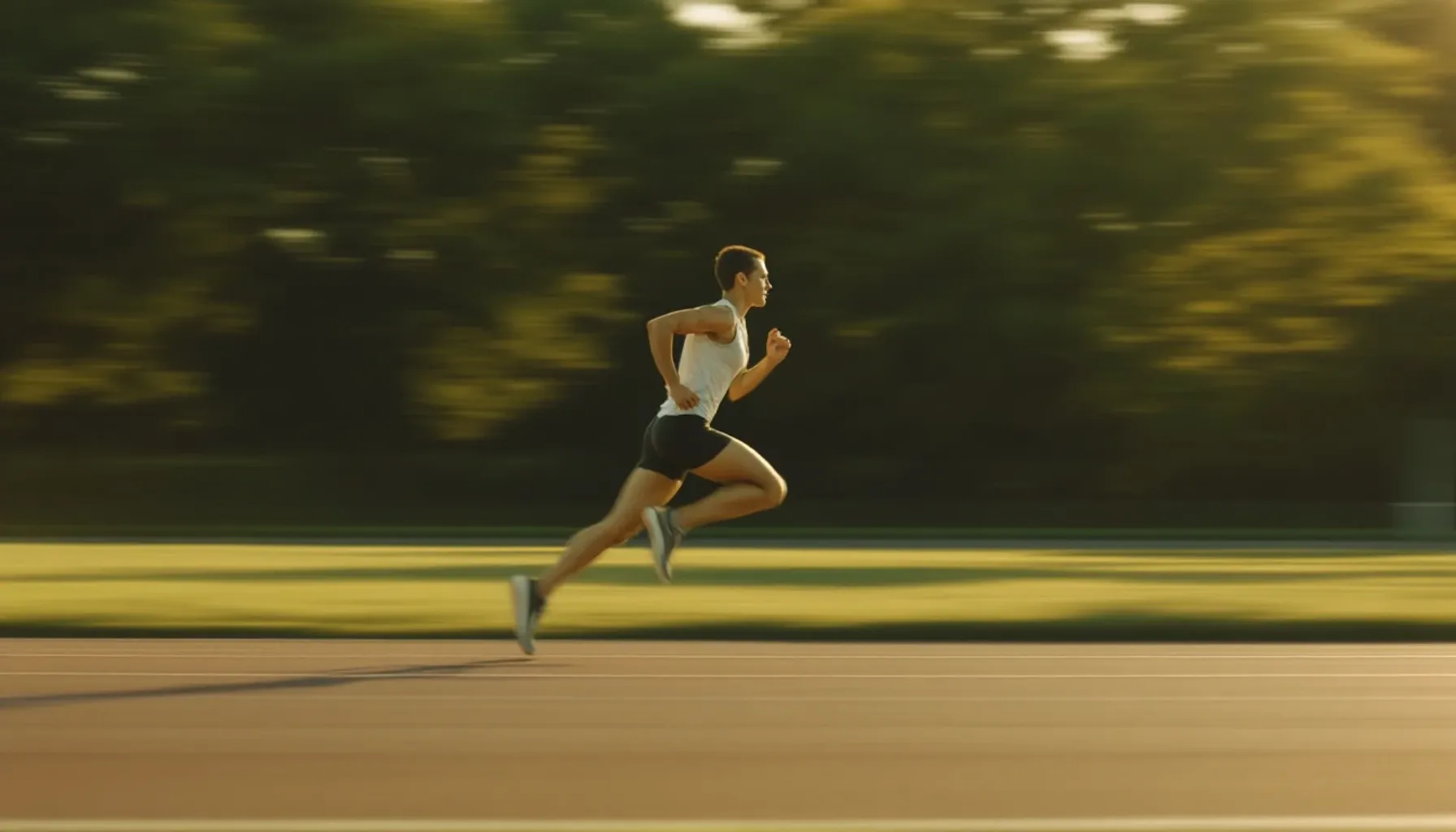 Runner in motion on a flat outdoor track at golden hour, shot from the side at 35mm equivalent, showing stride and form