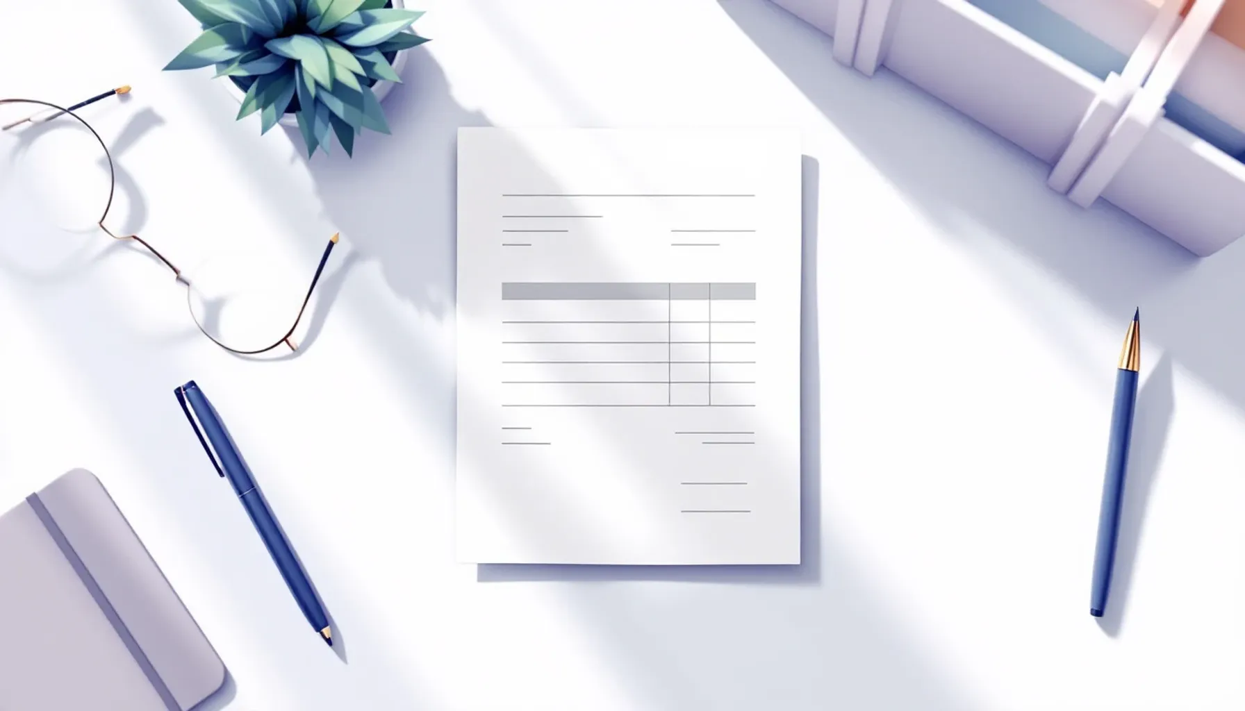 Clean desk workspace with blank invoice or quotation document template, pen, and calculator. Soft natural daylight from